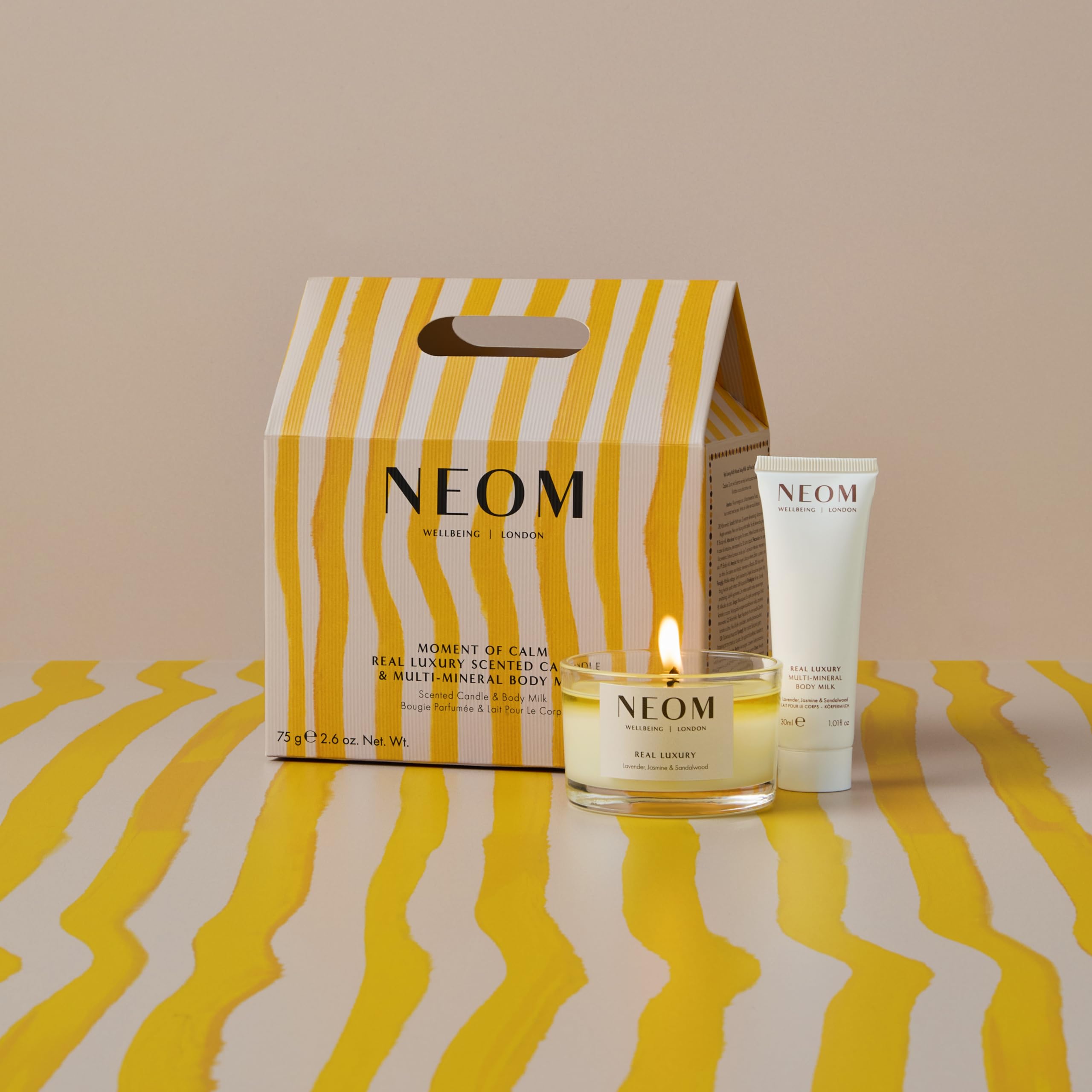 NEOM- Moment of Calm Gift Set | Real Luxury Travel Candle & Real Luxury Multi-Mineral Body Milk 30ml