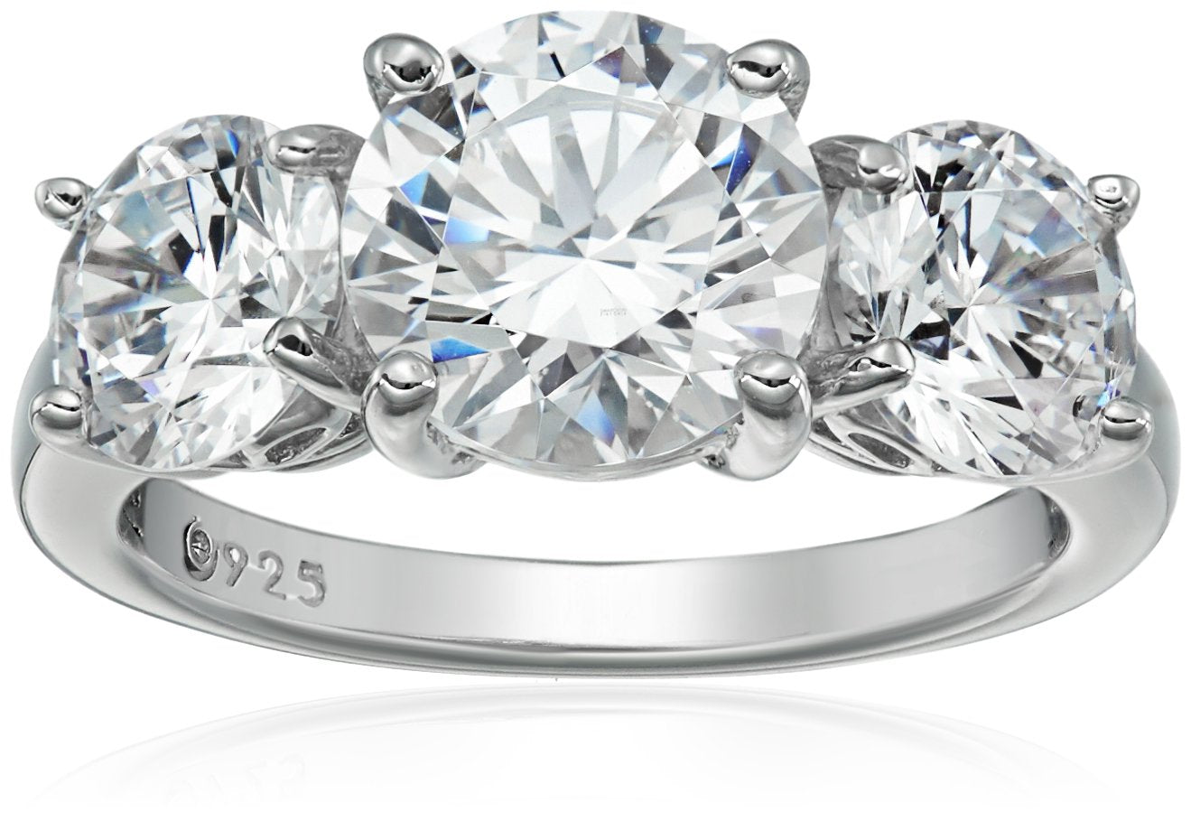 Amazon Essentials Platinum-Plated Sterling Silver Round 3-Stone Ring made with Infinite Elements Cubic Zirconia (4 cttw), Size 5, (previously Amazon Collection)