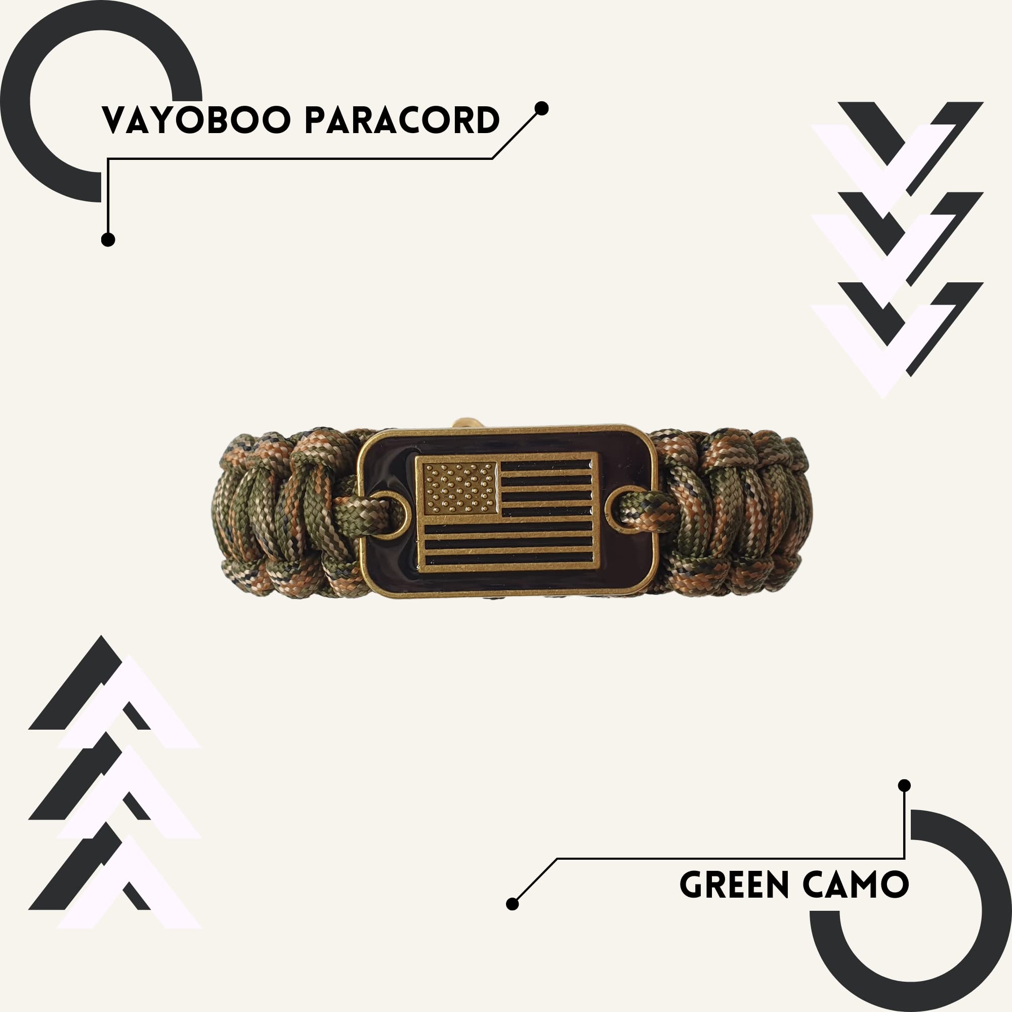 VAYOBOO Paracord Bracelet - Tactical Survival Bracelet for Men with Bronze USA Flag - 3 Adjustable Sizes - Green Camo, L