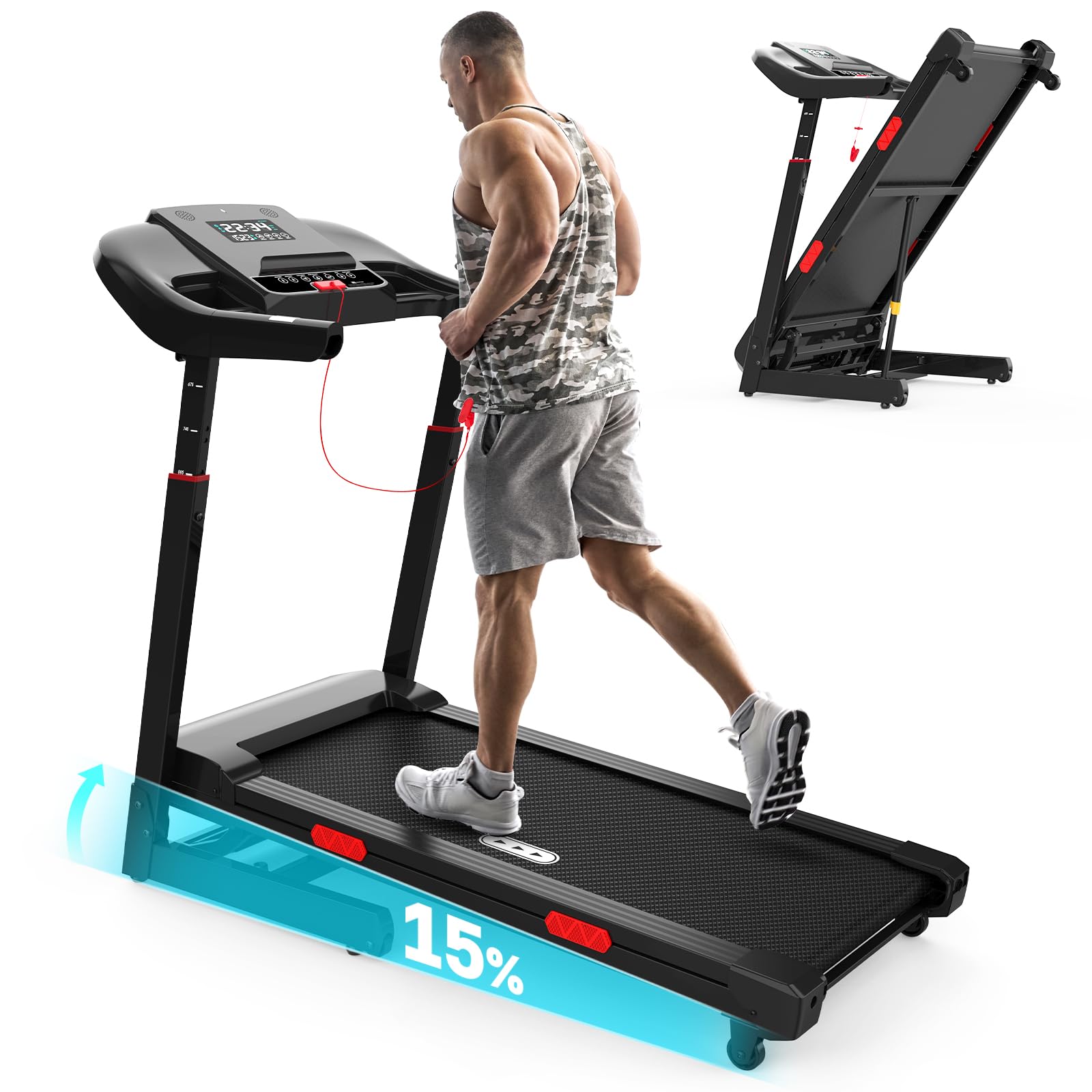 Redliro Treadmill with 15% Auto Incline - 350 lbs Capacity Foldable Running 3.0HP Treadmill for Home - Adjustable Handrail Height - APP & Voice Control - Bluetooth Speaker (Glossy Black)