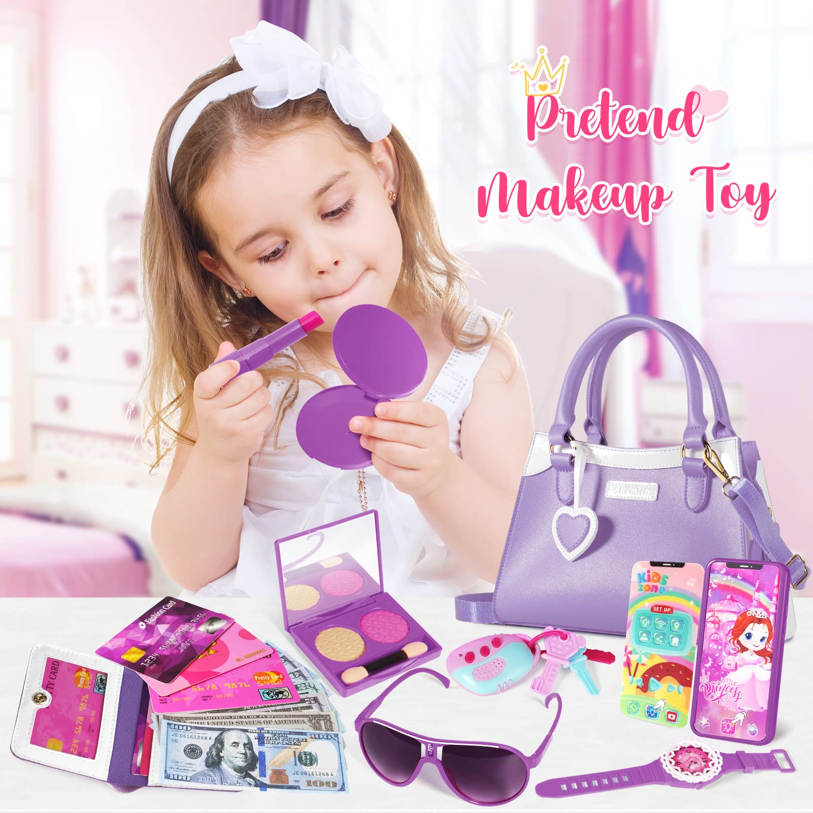 Shemira Play Purse for Little Girls, Princess Pretend Play Girl Toys for 3 4 5 6 7 8 Years Old, Birthday Gift for Girls Age 3-5 4-6 6-8, Toddler Purse with Accessories, Kids Toy Purse,Purple