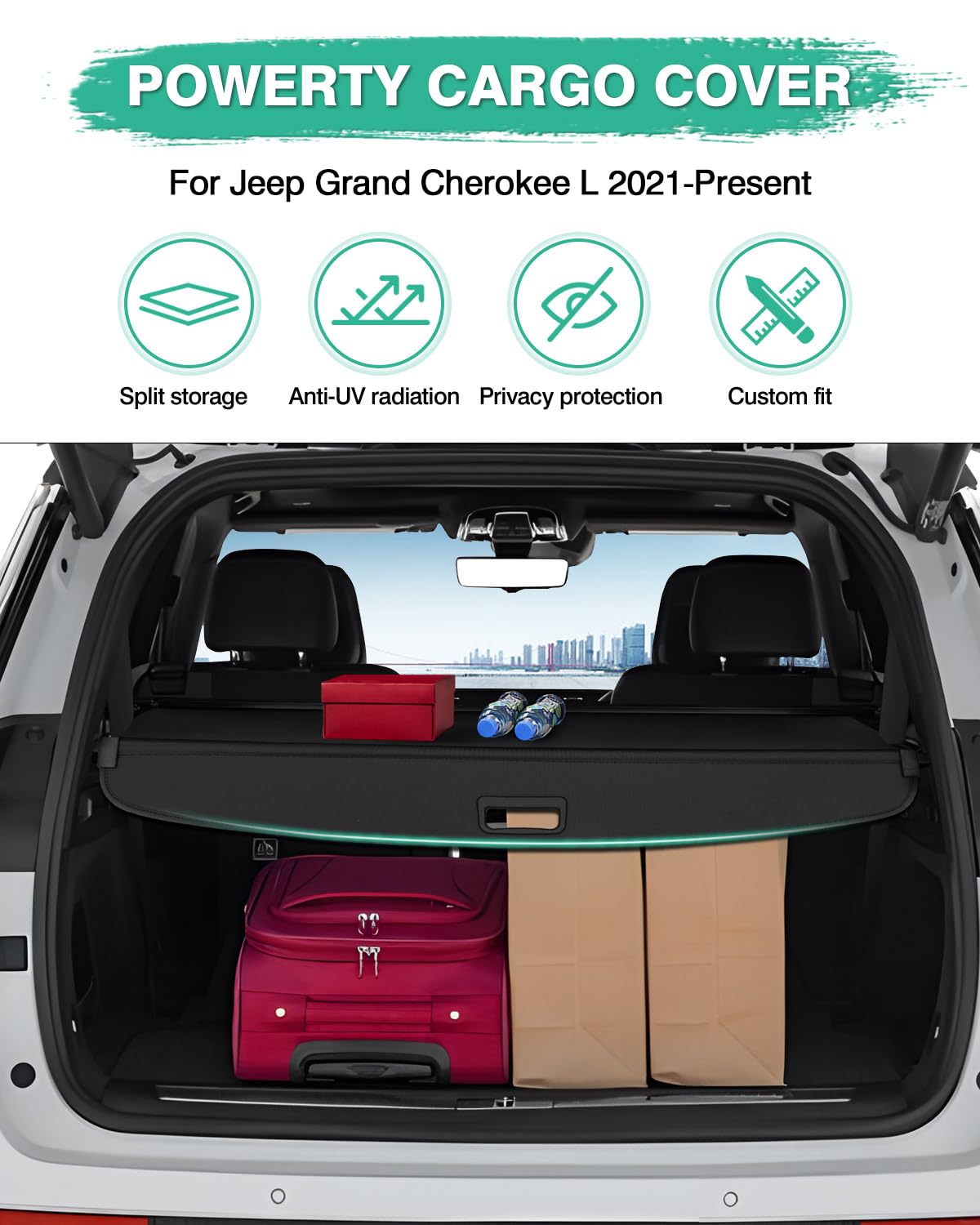 Powerty Cargo Cover for 2021-2024 Jeep Grand Cherokee L(3 Row) Accessories Trunk Cover Retractable Trunk Shielding Shade Cargo Luggage Cover Black