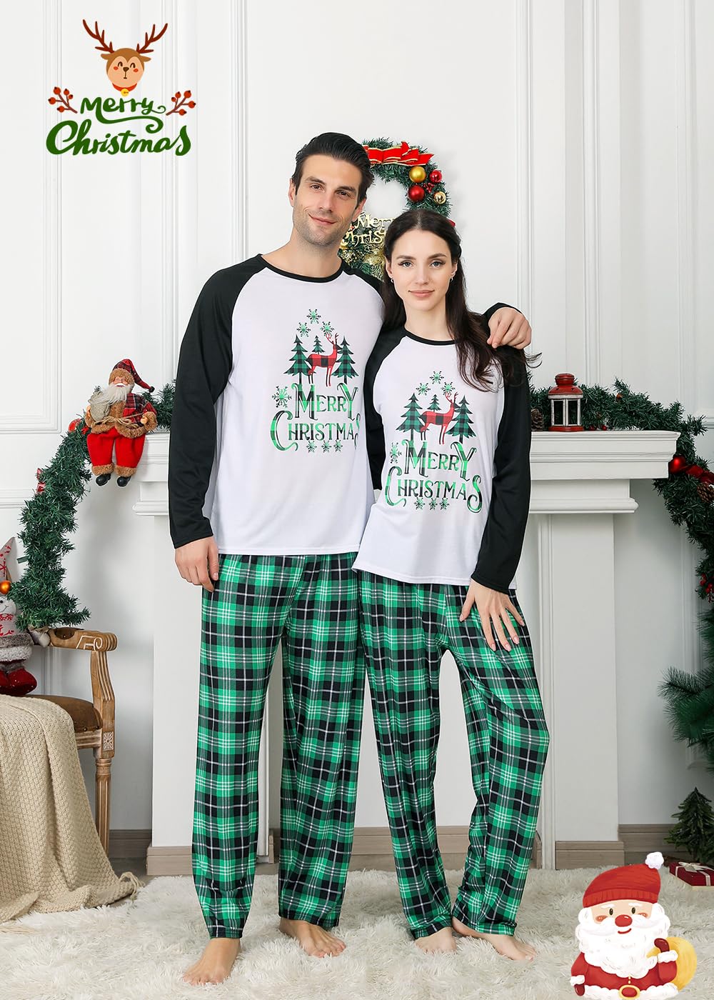 VNVNE Family Christmas Pjs Matching Sets for Women/Men/Couples/Adults, Holiday Xmas Tree Reindeer Plaid Pajamas Sleepwear Loungewear(Youth,2-3T,Reindeer Plaid)