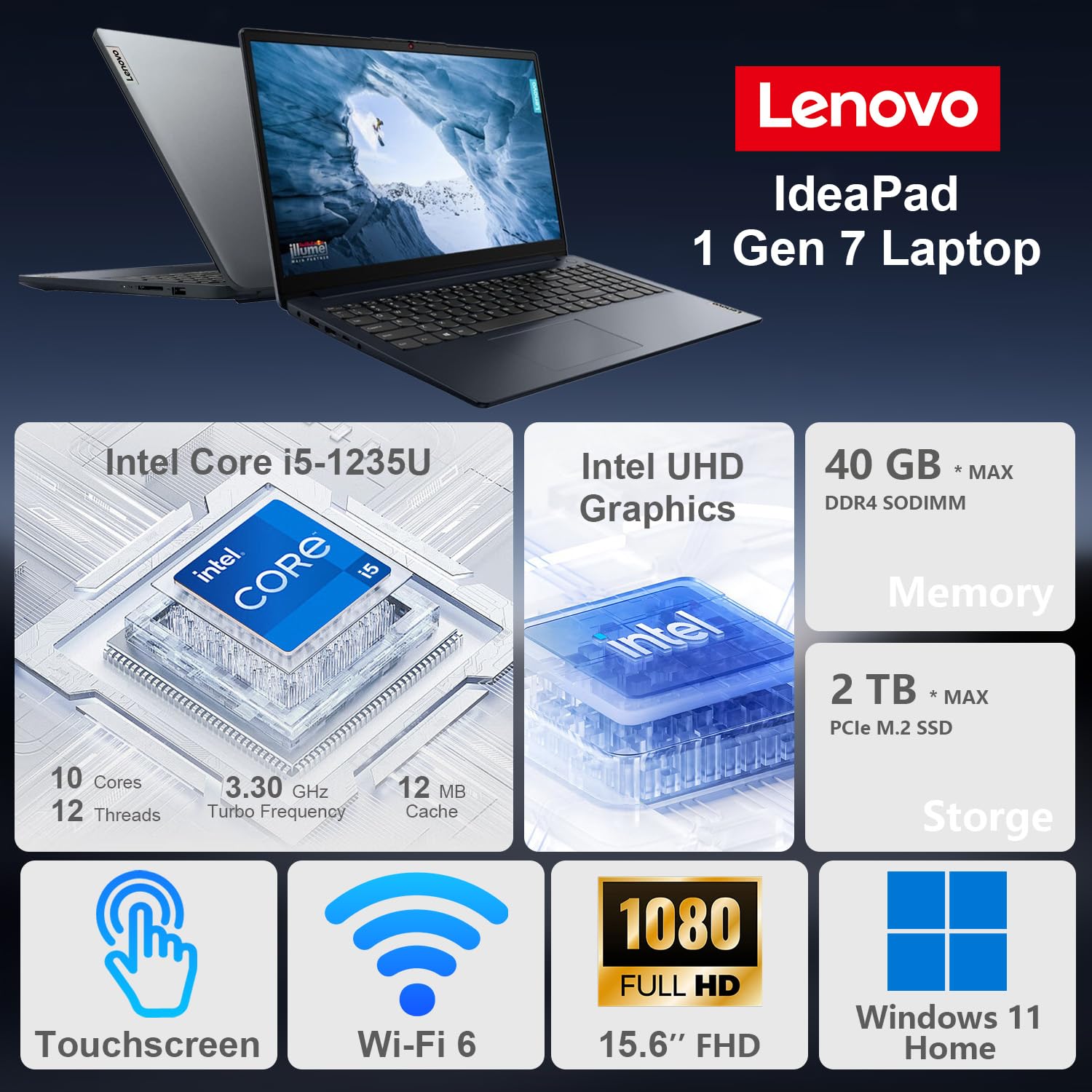 Lenovo IdeaPad 1i Laptop, 15.6" FHD Touchscreen, Intel Core i5-1235U Processor, 24GB RAM, 1TB SSD, Webcam, HDMI, Wi-Fi 6, Windows 11 Home, Blue