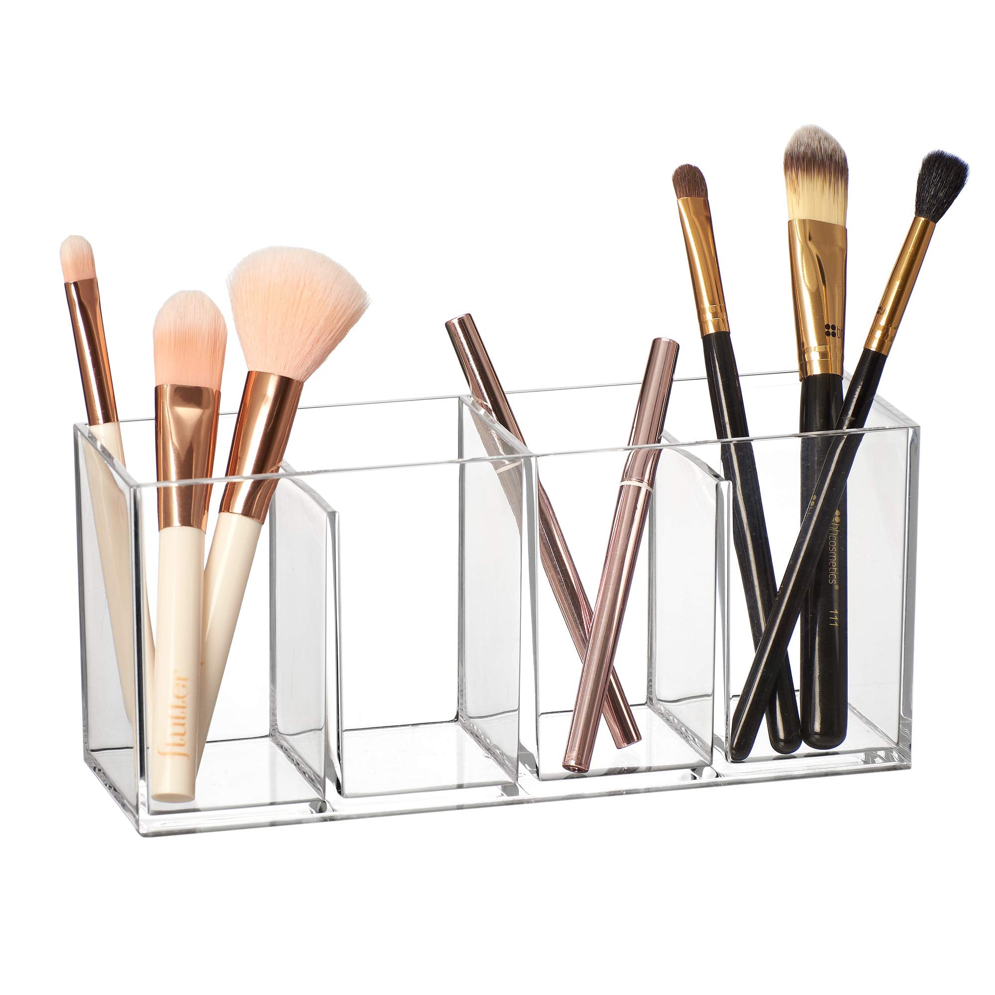 Amazing Abby - Glamour - Acrylic 4-Compartment Makeup Organizer, Transparent Plastic Makeup Brush Holder, Perfect Bathroom Vanity Storage Solution for Makeup Brushes, Eyebrow Pencils, and More