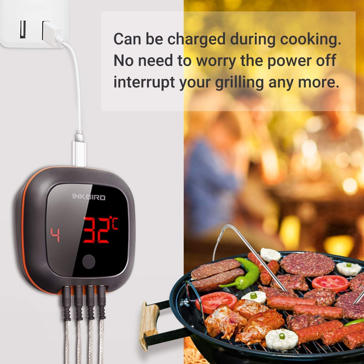 Inkbird IBT-4XS Bluetooth Wireless Grill BBQ Thermometer for Grilling with 4 Probes, Timer, Alarm,150 ft Barbecue Cooking Kitchen Food Meat Thermometer for Smoker, Oven, Drum