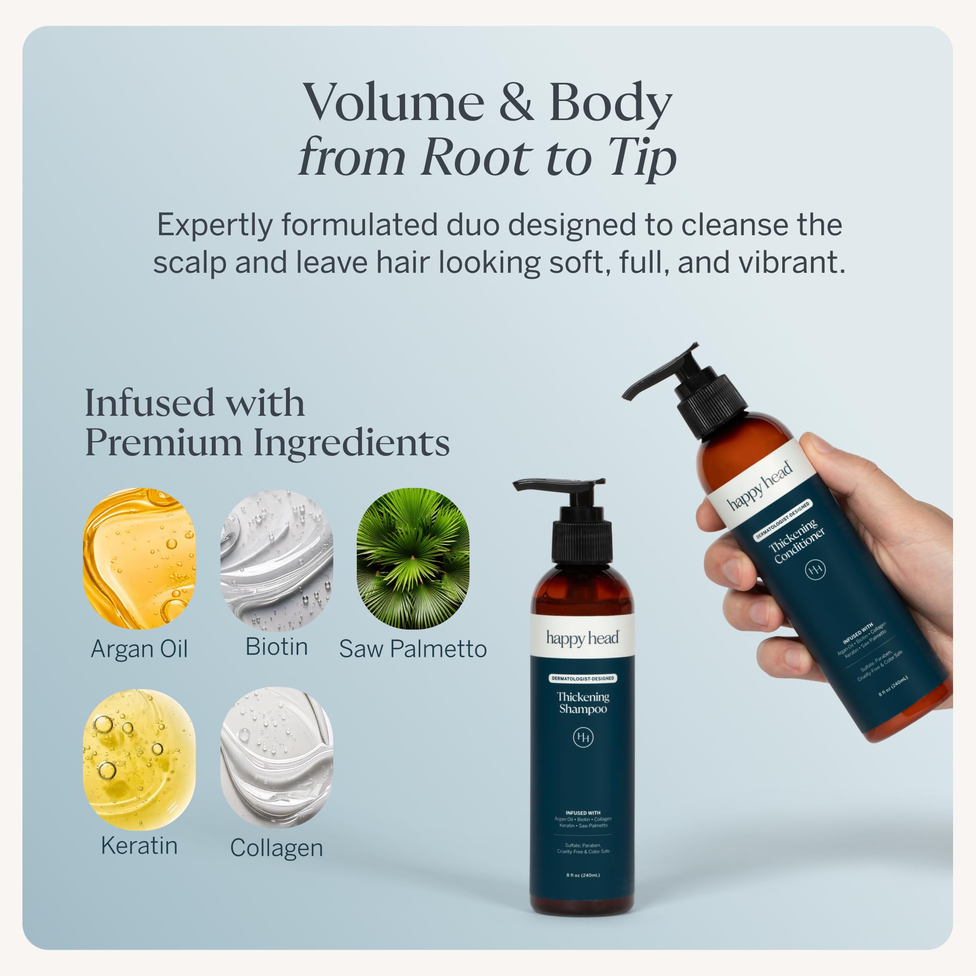 Happy Head Hair Shampoo & Conditioner Set for Men & Women with Biotin, Argan Oil, Collagen & Keratin, Daily Hair Care Routine for All Hair Types, Hydrating & Frizz Control Set for At Home Use
