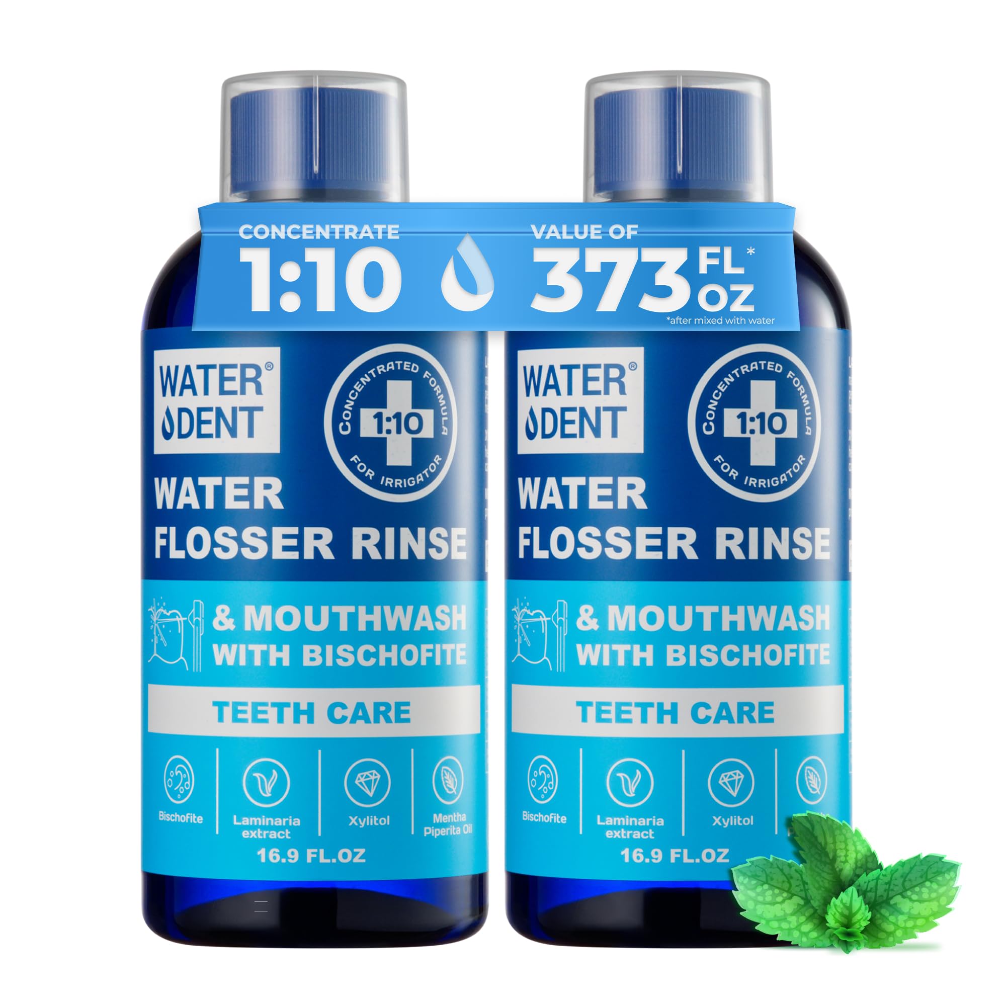 WATER DENT Concentrated Irrigant, Mouthwash Teeth Care | Add to Water Flossers | Mint Flavor | Pack of 2 = 372 fl.oz | Alcohol Free, Fluoride Free. Made in USA