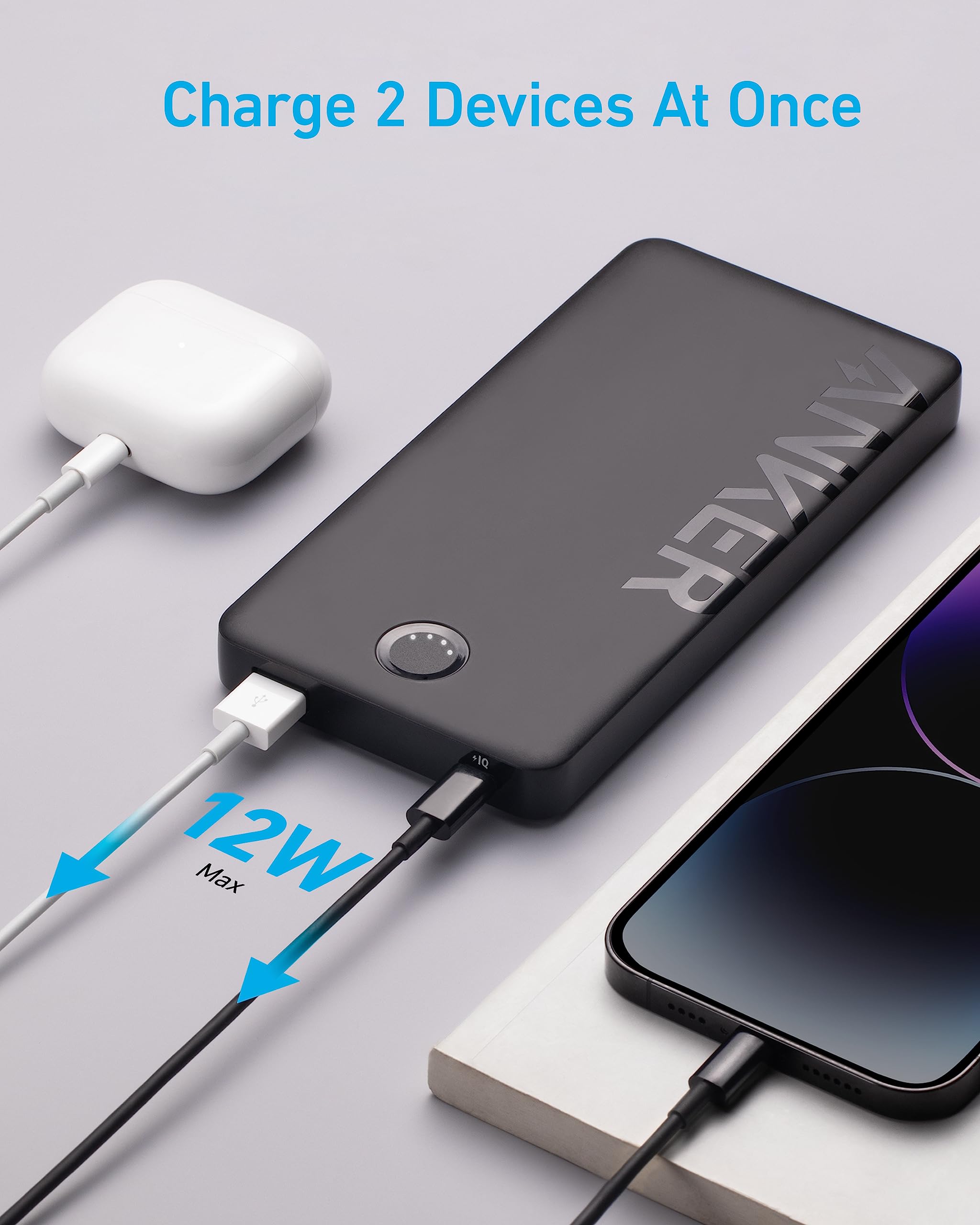 Anker Power Bank, 10,000mAh Portable Charger (PowerCore PIQ), High-Capacity Battery Pack for iPhone 15/15 Plus/15 Pro/15 Pro Max/14/14 Pro/Samsung/Pixel/LG (Cable and Charger Not Included)(Black)