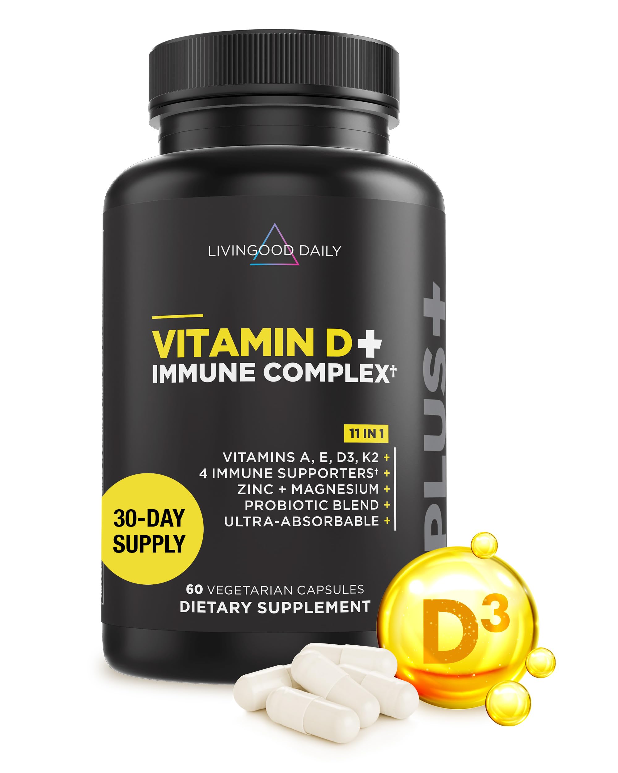 Livingood Daily Vitamin D3 K2 4000 IU Supplement, 9-in-1 Dietary Supplement for Immune Support - Made with Vitamins D, A, E, K2, Zinc, Magnesium & Probiotic Blend for Maximum Absorption - 60 Capsules