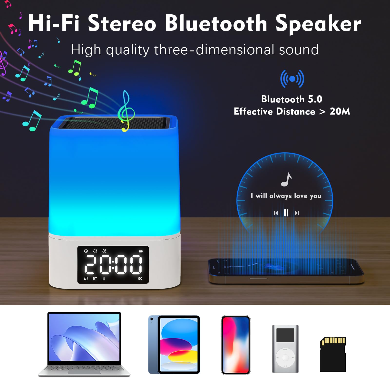 Newest Night Light Bluetooth Speaker, Gifts for 10 11 12 13 14 15 Years Old Boys Teenager Girls, All-in-1 Dual Alarm Clock, Touch Sensor Bedside Lamp, 48 RGB Color Chang, MP3 Player, Wireless Speaker