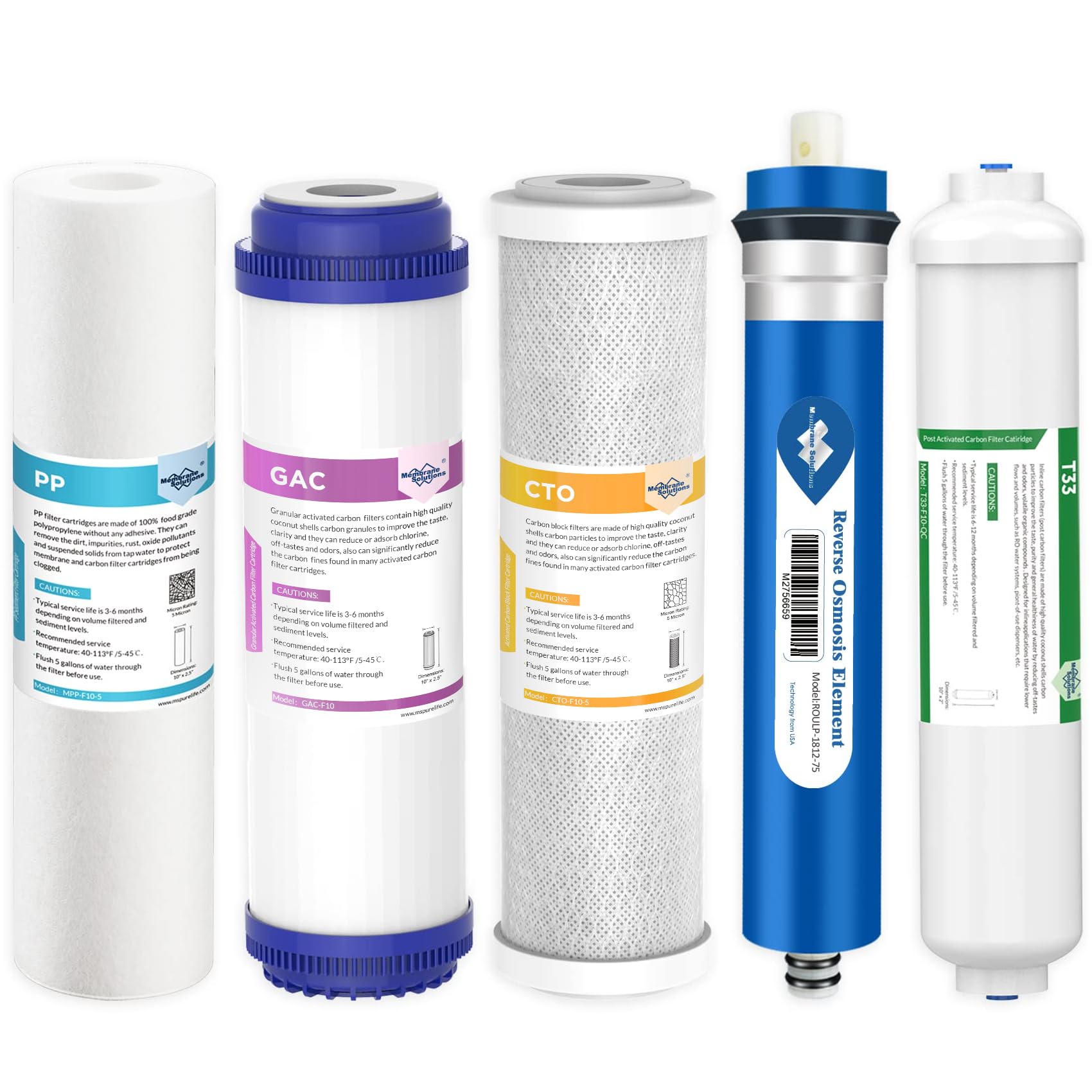 Membrane Solutions Reverse Osmosis Filter Replacement, 75 GPD Complete Replacement Filter Set For Under Sink 5-Stage Reverse Osmosis Replacement Water Filter System