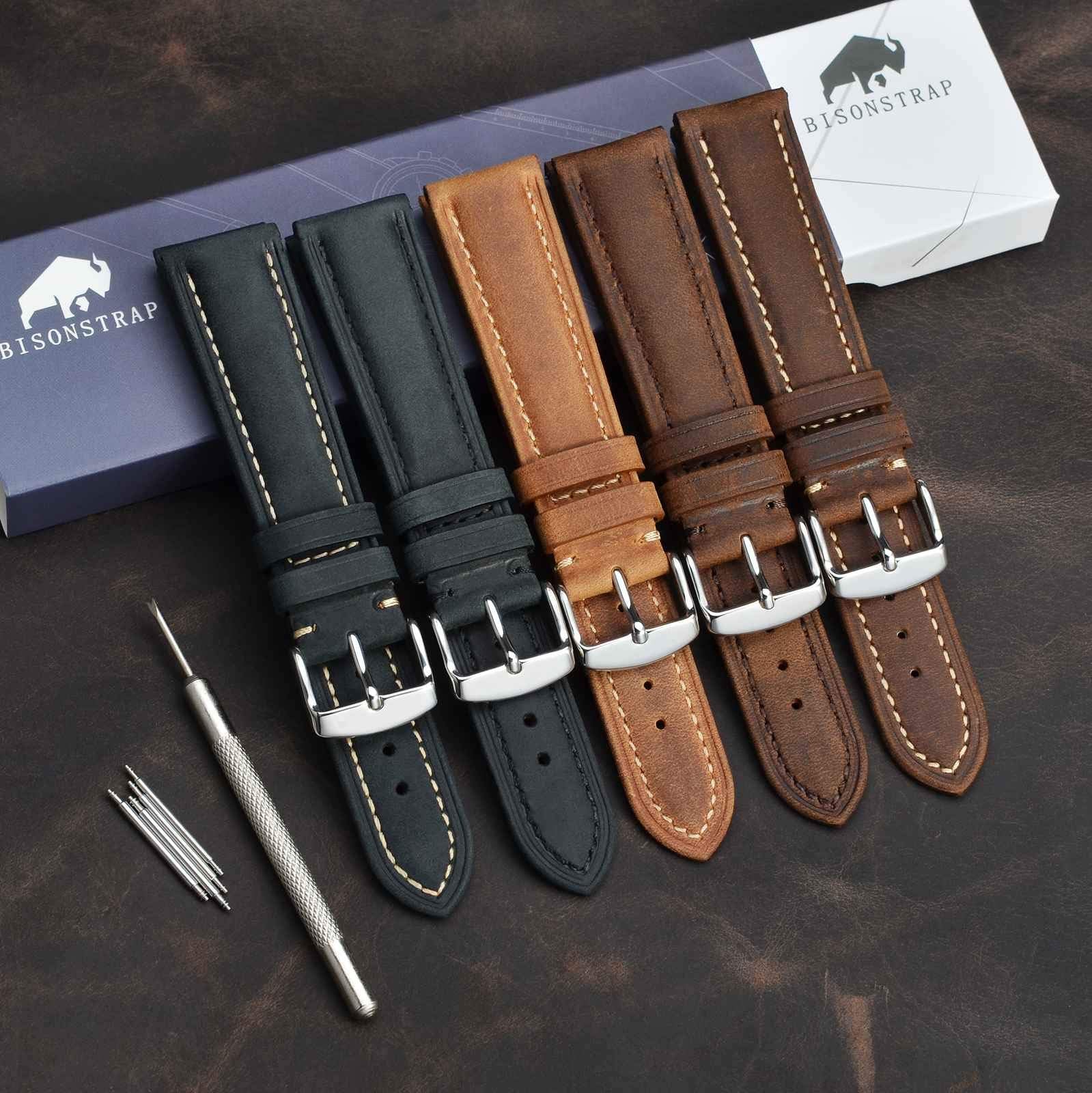 BISONSTRAP Watch Strap 18mm, Vintage Leather Replacement Watch Band, Brown