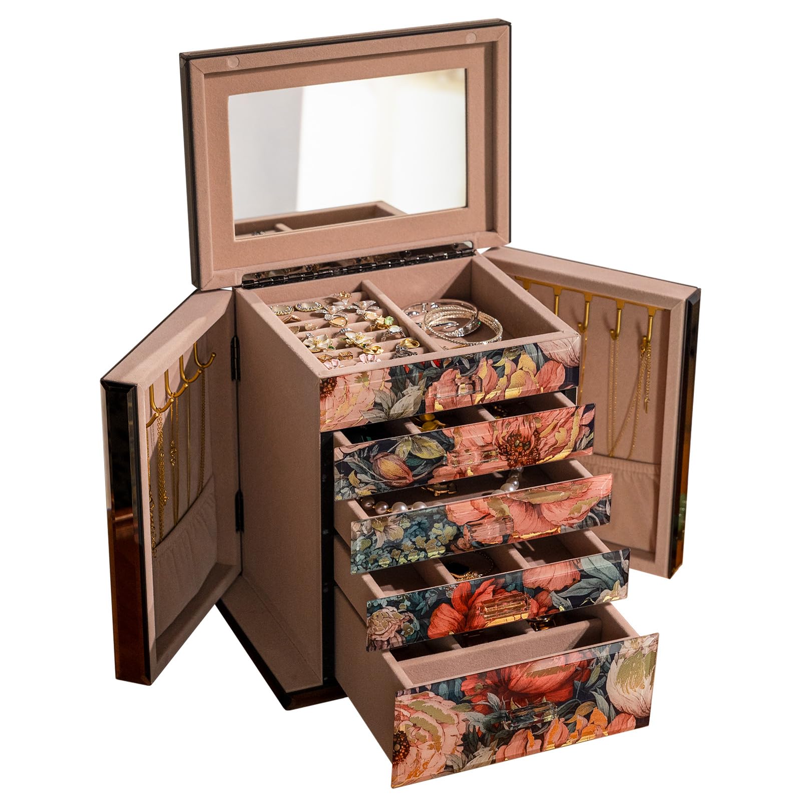 Timetrace Glass Vintage Painting Jewelry Box,5-Layer Storage Case,Art Desktop Decorations Gift for Women,Jewelry Organizer For Necklaces Rings Earrings Bracelets,Gift For Women,Gift For Mom