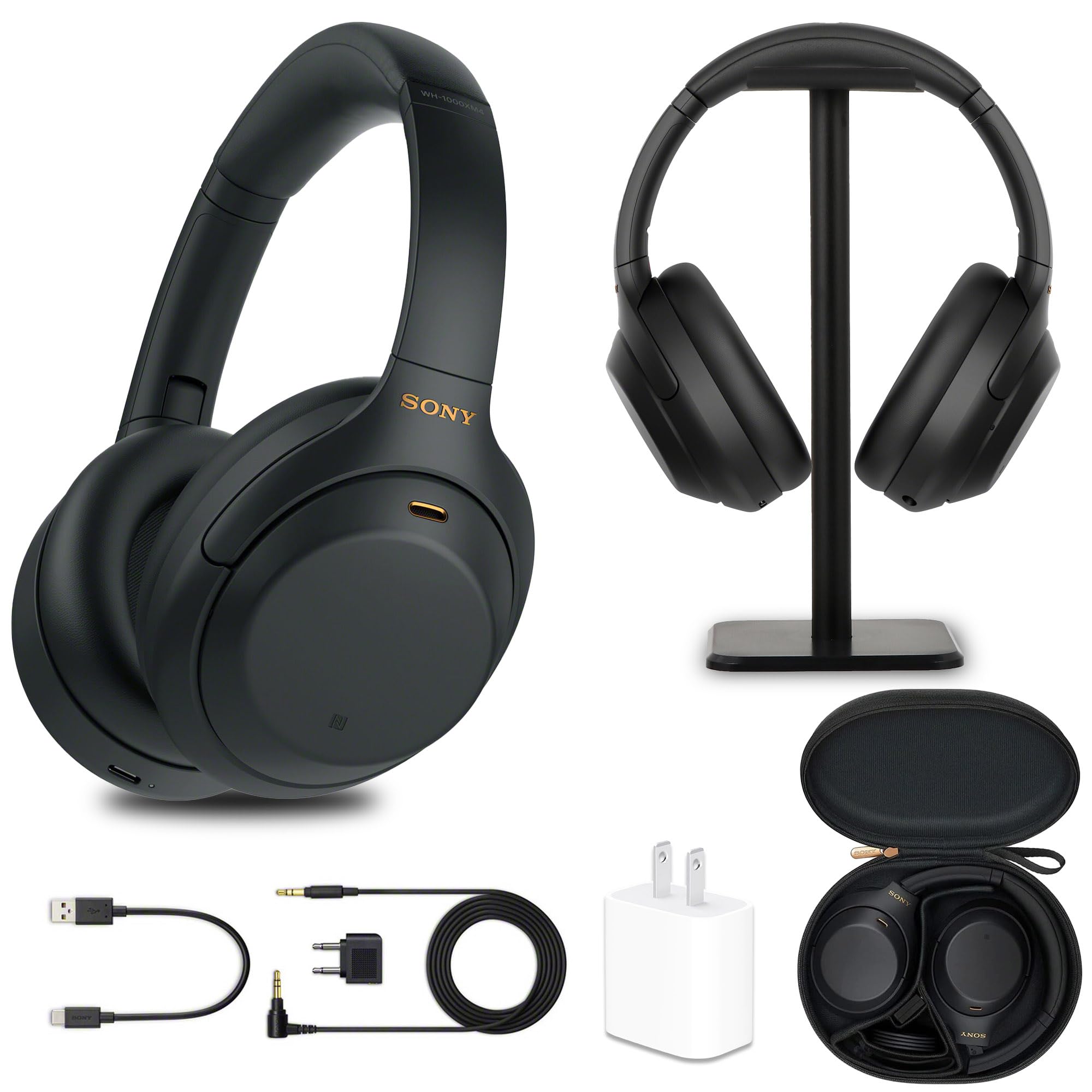 Sony WH-1000XM4 Wireless Noise-Canceling Over-Ear Headphones (Black) with Mic for Phone-Call and Voice Control (WH1000XM4/B) + Headphone Stand + USB Adapter