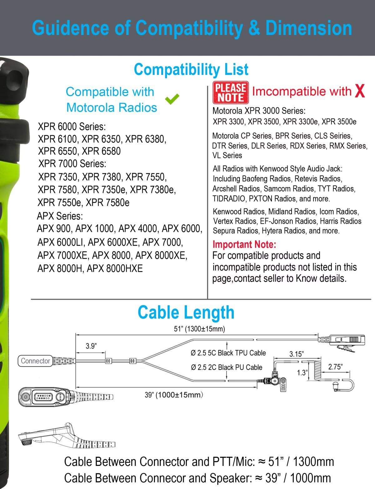 commountain APX 6000 XPR 7550e Earpiece with Mic for Motorola Radios APX 8000 (7000 4000) XPR 7350e (7550 7350 7580e 7380e) APX6000 APX7000 APX8000 XPR7550e XPR7550, Two Wire Surveillance Headset