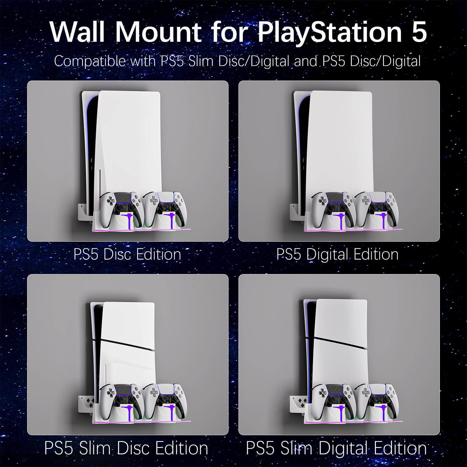 Hosanwell PS5 Wall Mount Kit with Charging Station, Compatible with PS5 and PS5 Slim Disc & Digital Version, Dual Use Charging Station with Multi-Mode RGB Light, White