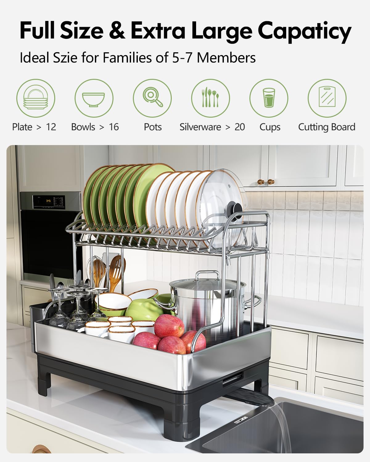 BOOSINY Stainless Steel Dish Drying Rack, Extra Large Dish Racks for Kitchen Counter, 2 Tier Dish Drainer and Drainboard Set with Swivel Spout, Full Size Dish Rack with Utensil Holder, Black