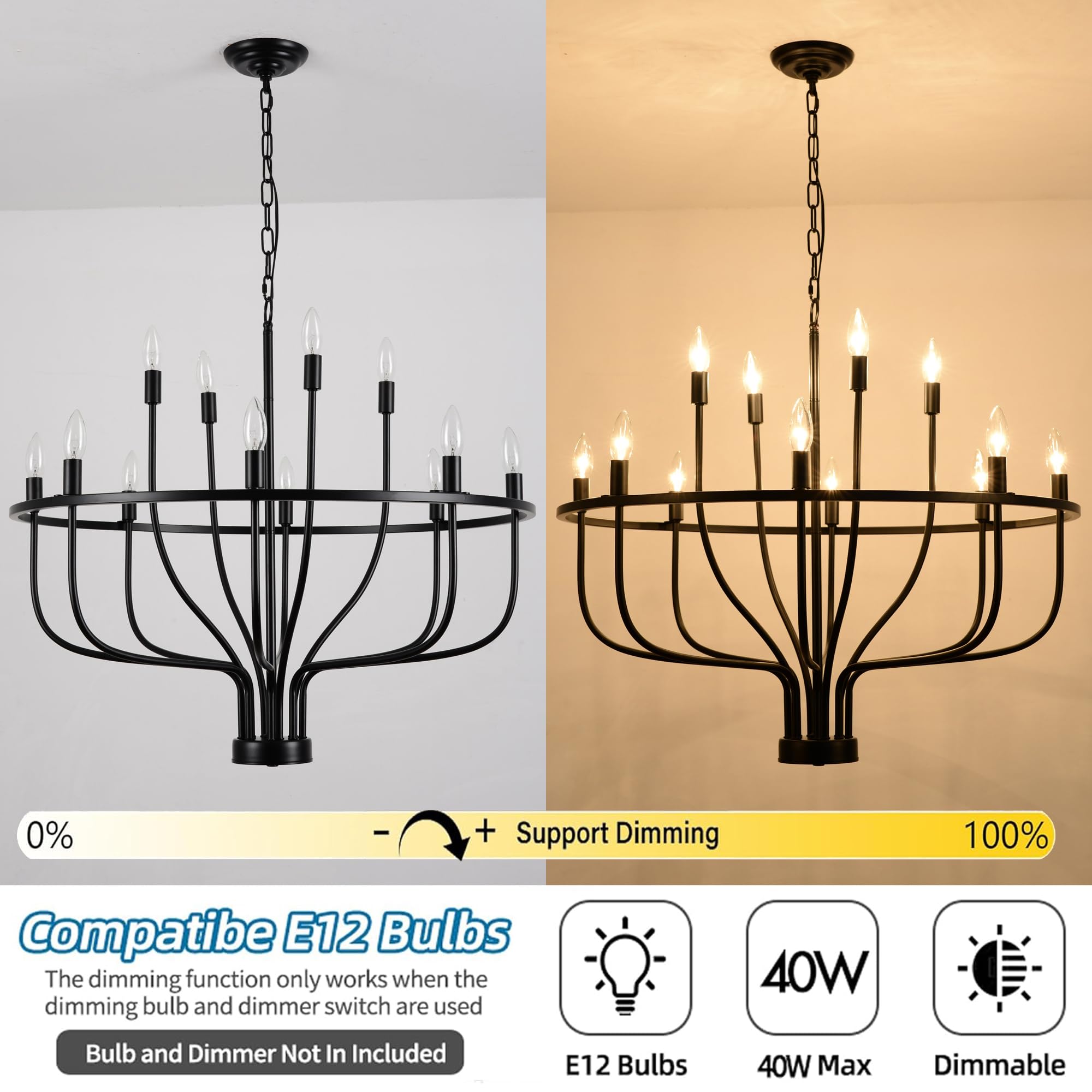 ZBMYRBZJ Black Chandelier 12-Light Industrial Iron Candle Chandelier Modern Suspended Farmhouse Chandeliers Pendant Light Fixtures for Dining Room Bedroom Living Room Kitchen Island Foyer E12 Bulb