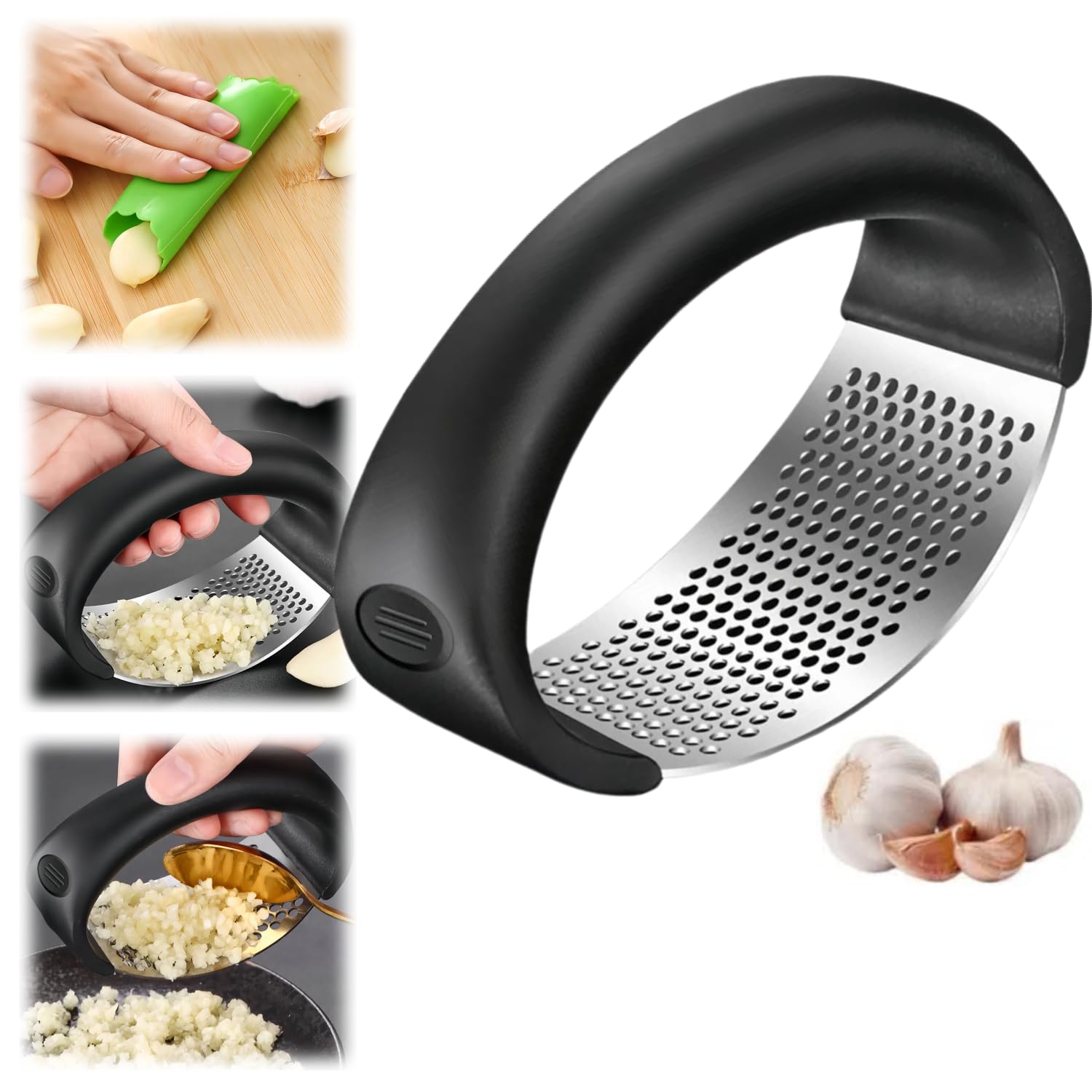 Garlic Press Rocker, 2024 Upgraded Stainless Steel Garlic Press Rocker Crusher Masher with Garlic Peeling Drum, Portable Manual Garlic Mincer Garlic Crusher for Home Kitchen Utensils (1, Black Pack)