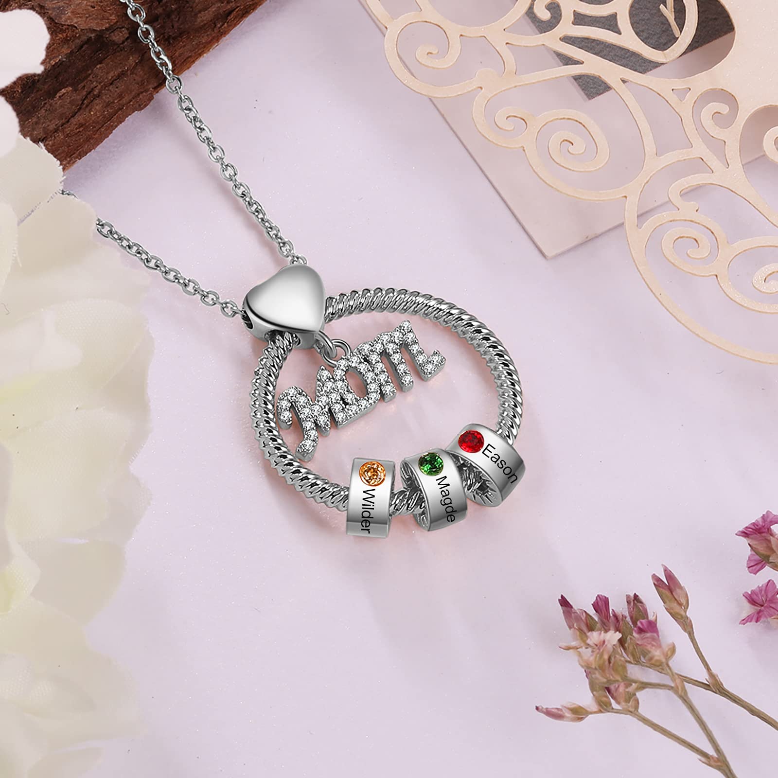 Personalized Mothers Necklace, Custom Birthstone Necklace for Women with Name Engraved Heart Promise Necklace for Her (3 Stones, Silver)