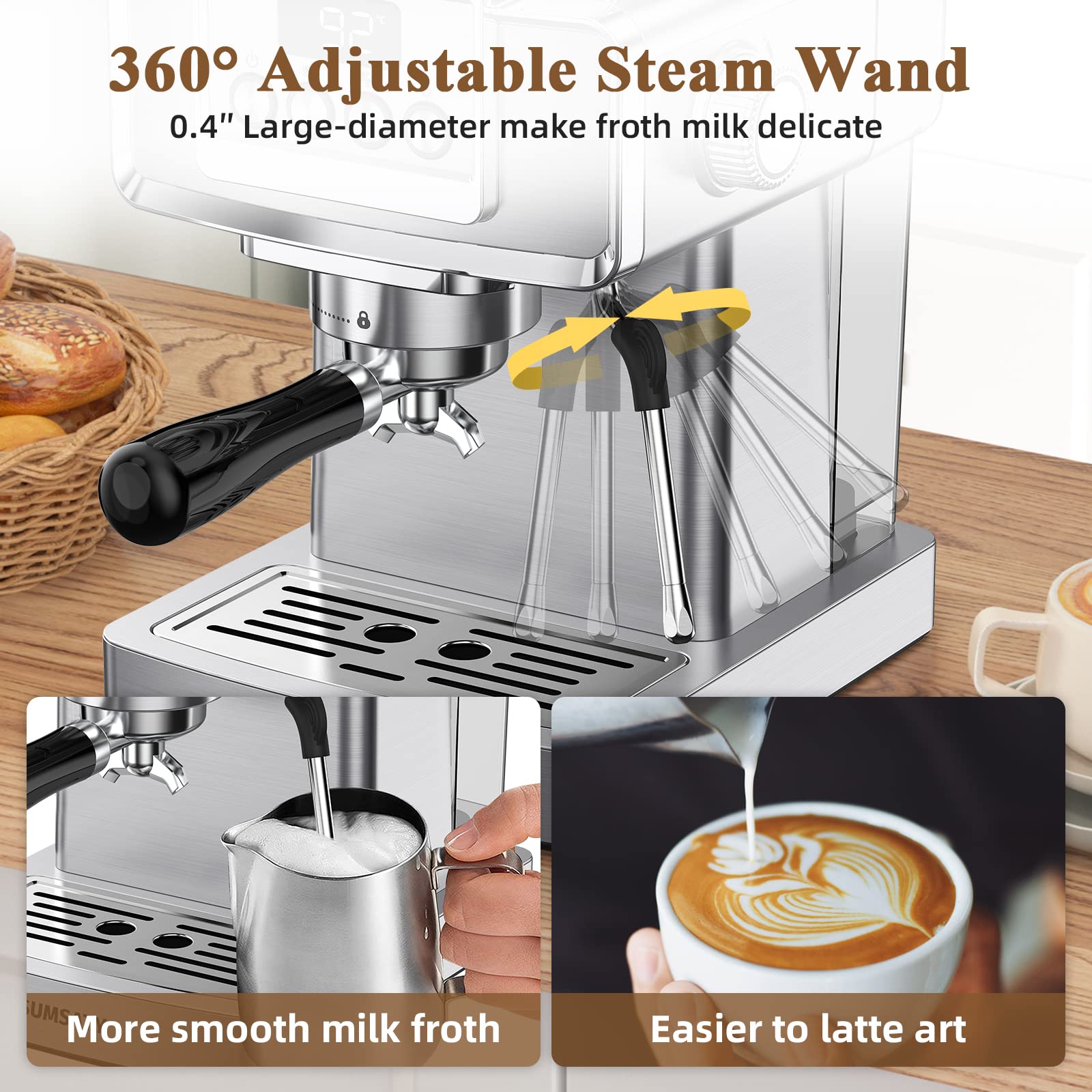 SUMSATY Espresso Machine, Stainless Steel Espresso Machine with Milk Frother for Latte, Cappuccino, Machiato,for Home Espresso Maker, 1.8L Water Tank, 20 Bar