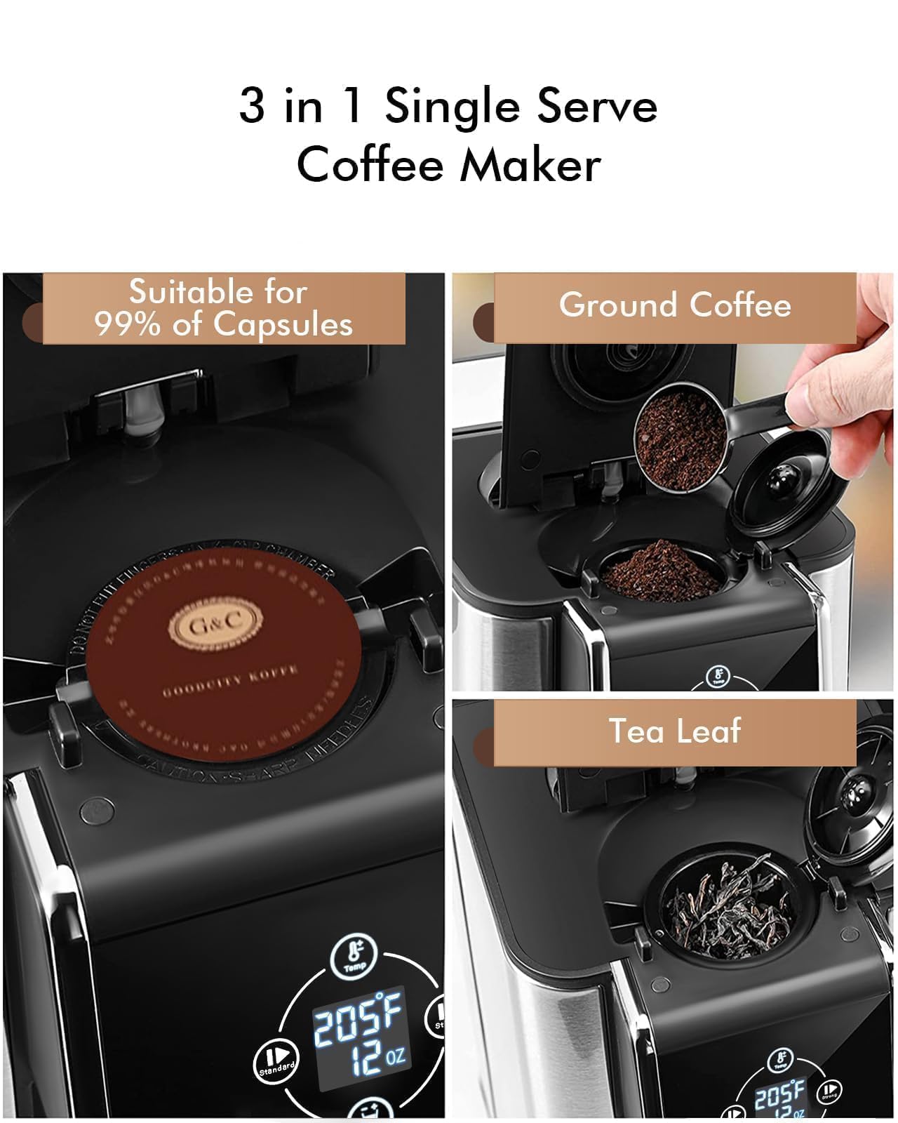 SIFENE 3-in-1 Single Serve Coffee Maker for K-pods, Ground Coffee, and Loose Leaf Tea, Custom Temperature and Strength Control, Quick Brew with Large 50oz Reservoir