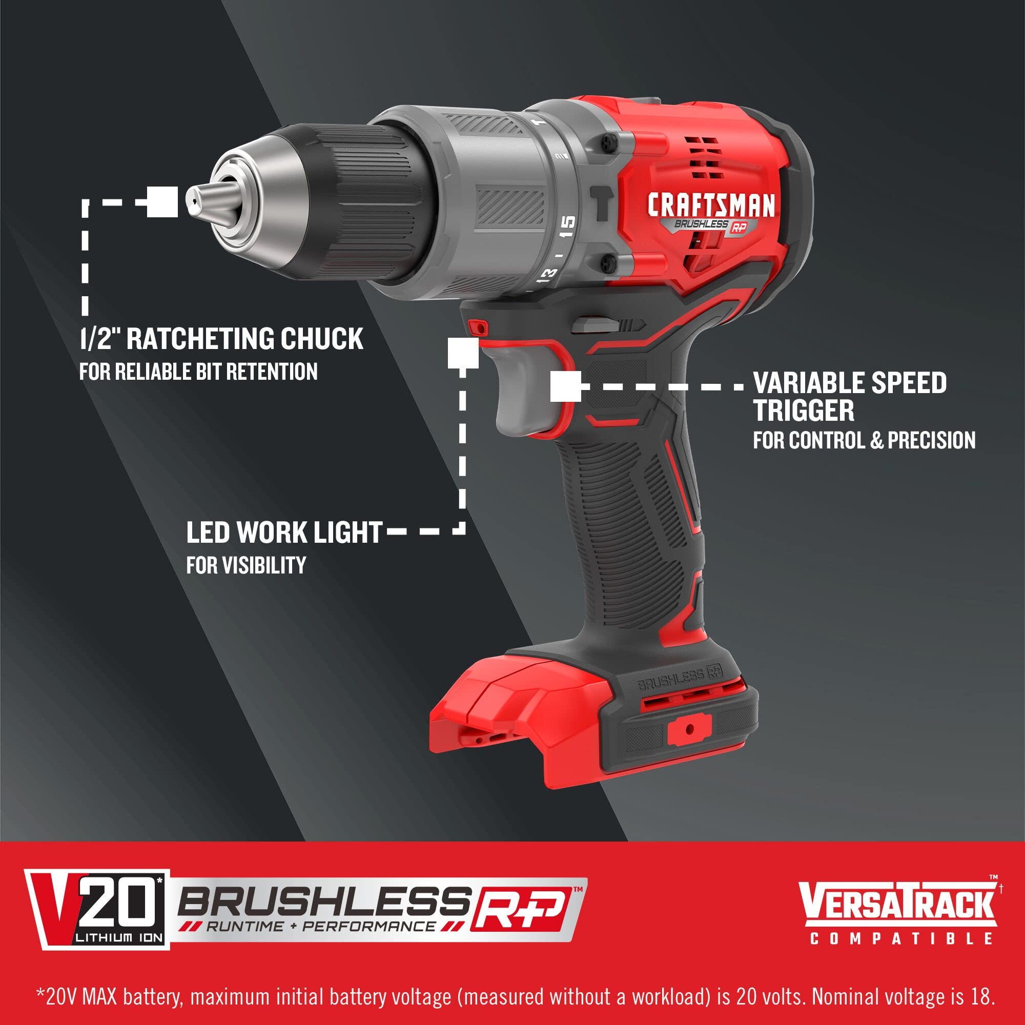 CRAFTSMAN V20 Cordless Hammer Drill, 1/2 inch, Bare Tool Only (CMCD732B)