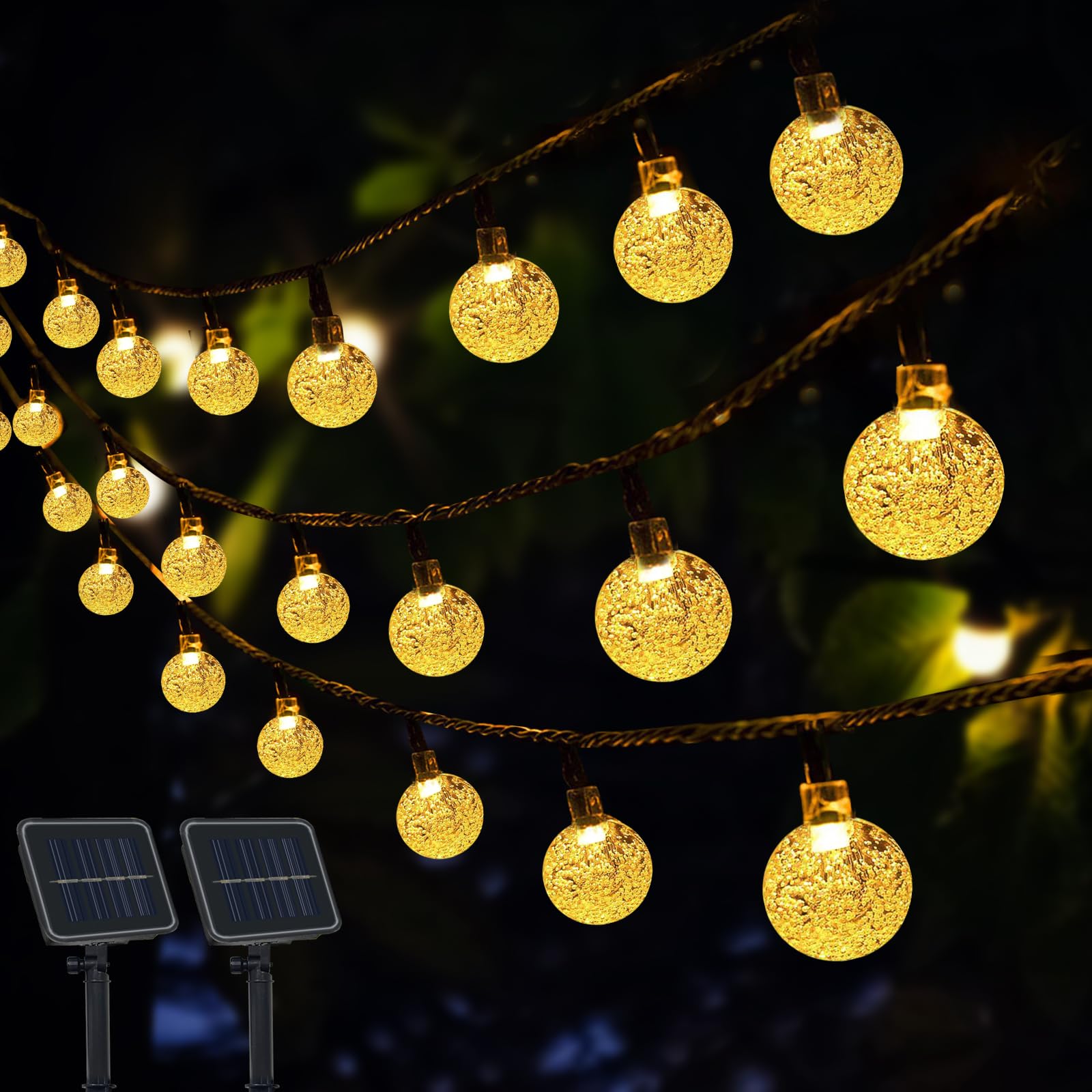 Eueasy Solar String Lights Outdoor, 2 Pack 49.2FT 100 LED Waterproof Crystal Globe Lights with 8 Lighting Modes for Tree Yard Garden Balcony Party Decorations Warm White