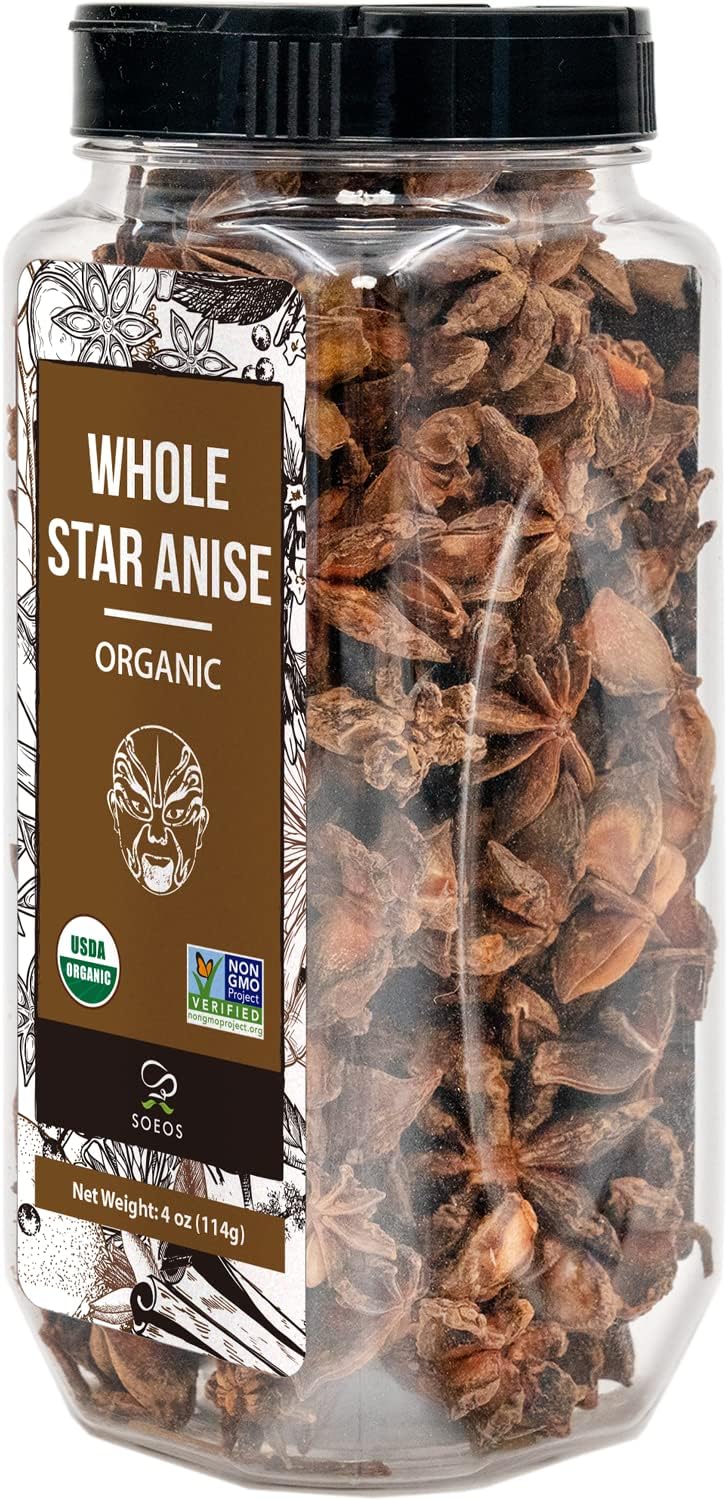 Soeos Organic Star Anise, Whole Star Anise 4 oz (114g), Chinese Star Anise Pods, Star Anise Organic Whole, Non-GMO Verified, Dried Star Anise for Beverages, Cooking, Baking