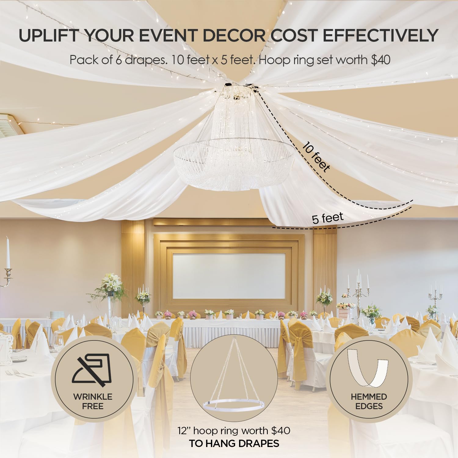 boldworks Ceiling Drapes Hanging Kit with Hoop and 6 Panels 5ftx10ft White Draping Fabric for Wedding Sheer Chiffon Ceiling Drapes for Weddings Arch Decorations Party Events Tent Drapery