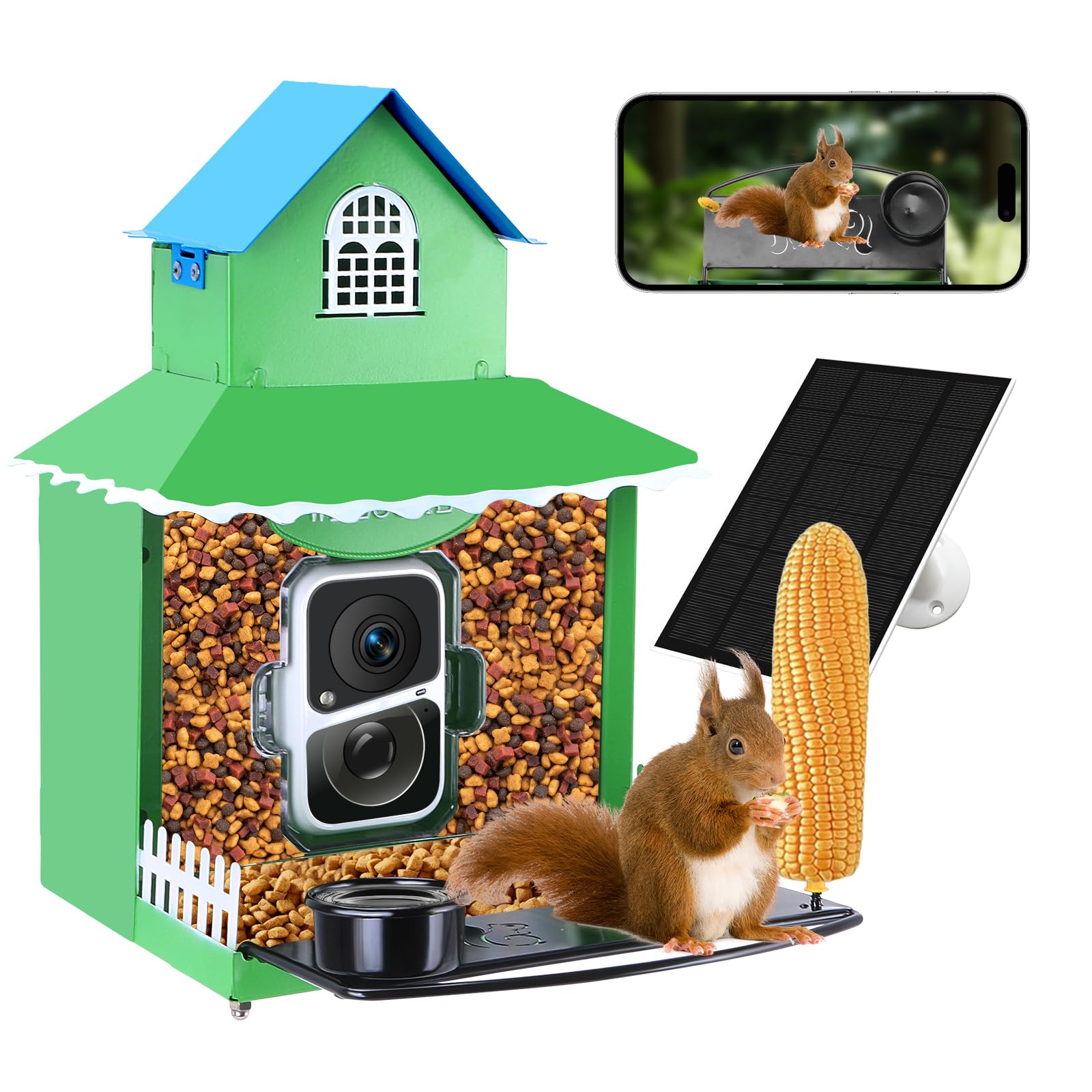 Squirrel Feeder with Camera Solar Powered,Metal Smart Squirrel Feeder Camera with Corn Cob Holder,Squirrel Houses for Outside,2K HD Live View,Ideal for Squirrel Lover