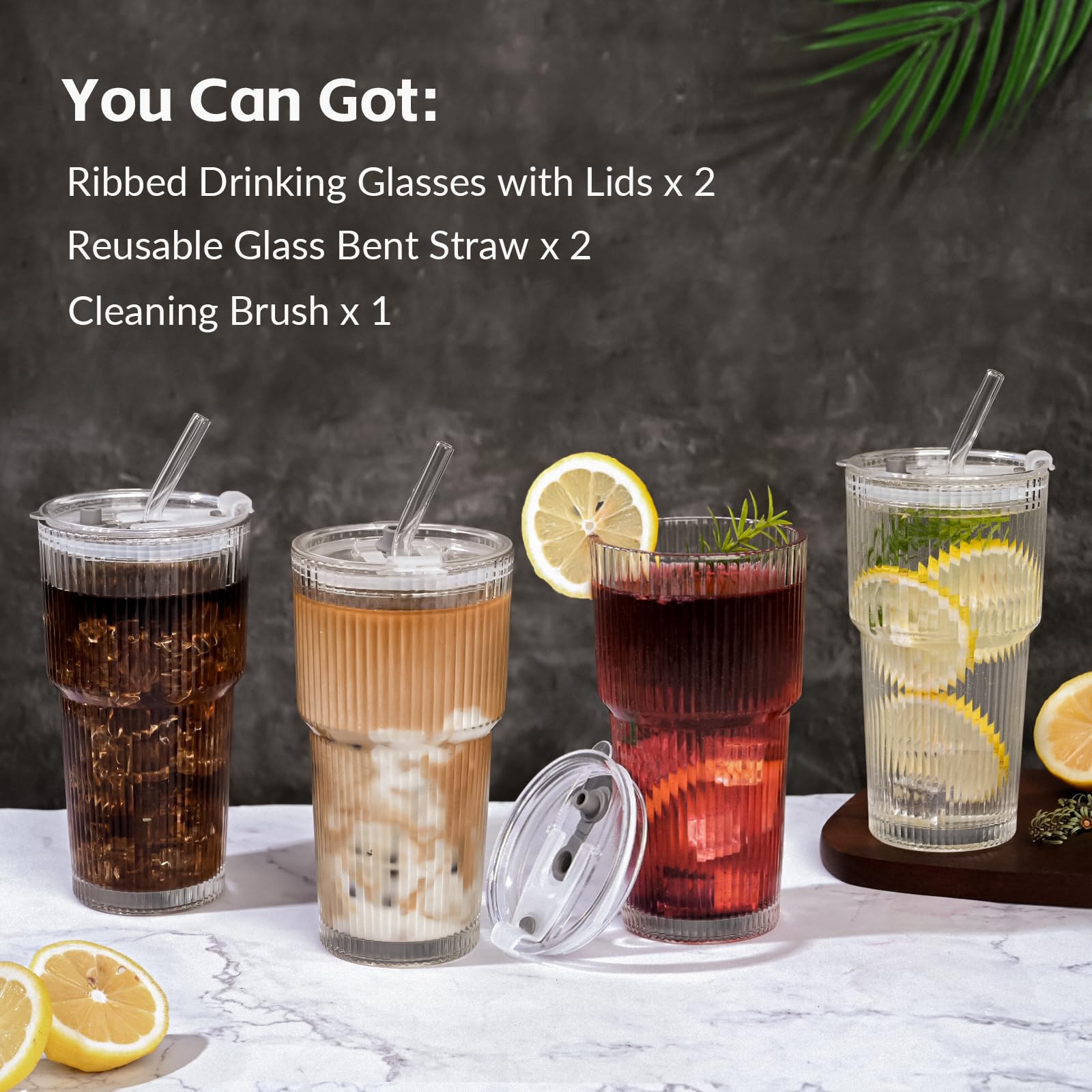 AFINSEA 20OZ Ribbed Glass Cups with Lids and Straws,Iced Coffee Cups with Lid,Vintage Glasses Tumbler Glassware for Whiskey Cocktail Beer Juice（2PCS）