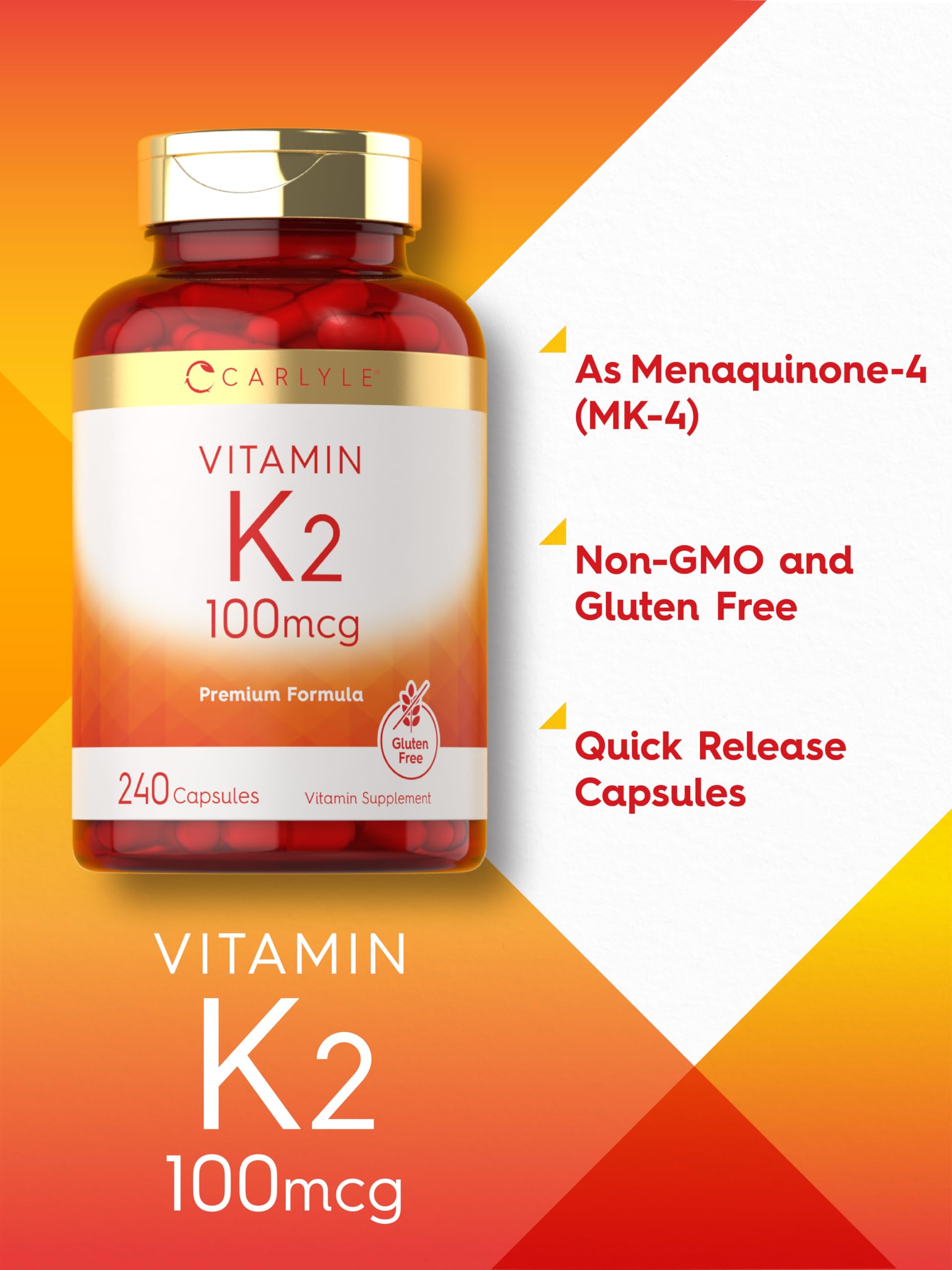 Carlyle Vitamin K2 Supplement 100 mcg | K2 MK-4 | 240 Capsules | Non-GMO & Gluten Free