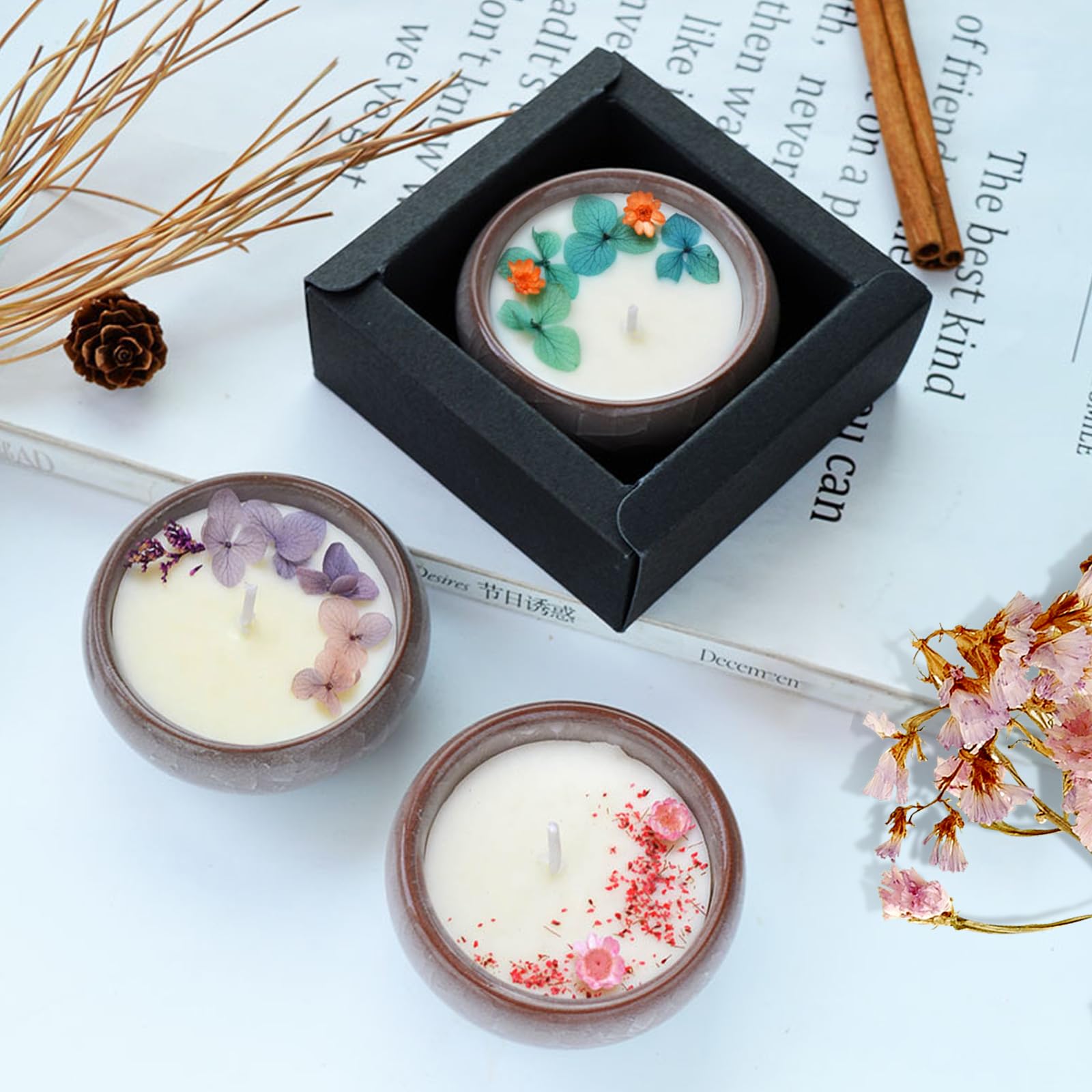 Glorade Ceramics Scented Candles Gift for Women,Dried Flower Candles,Handmade Natural Soy Candle,Decorative Ceramic Bowl with Dried Flowers for Home Scented, Christmas Gifts (Blue Wind Chimes)