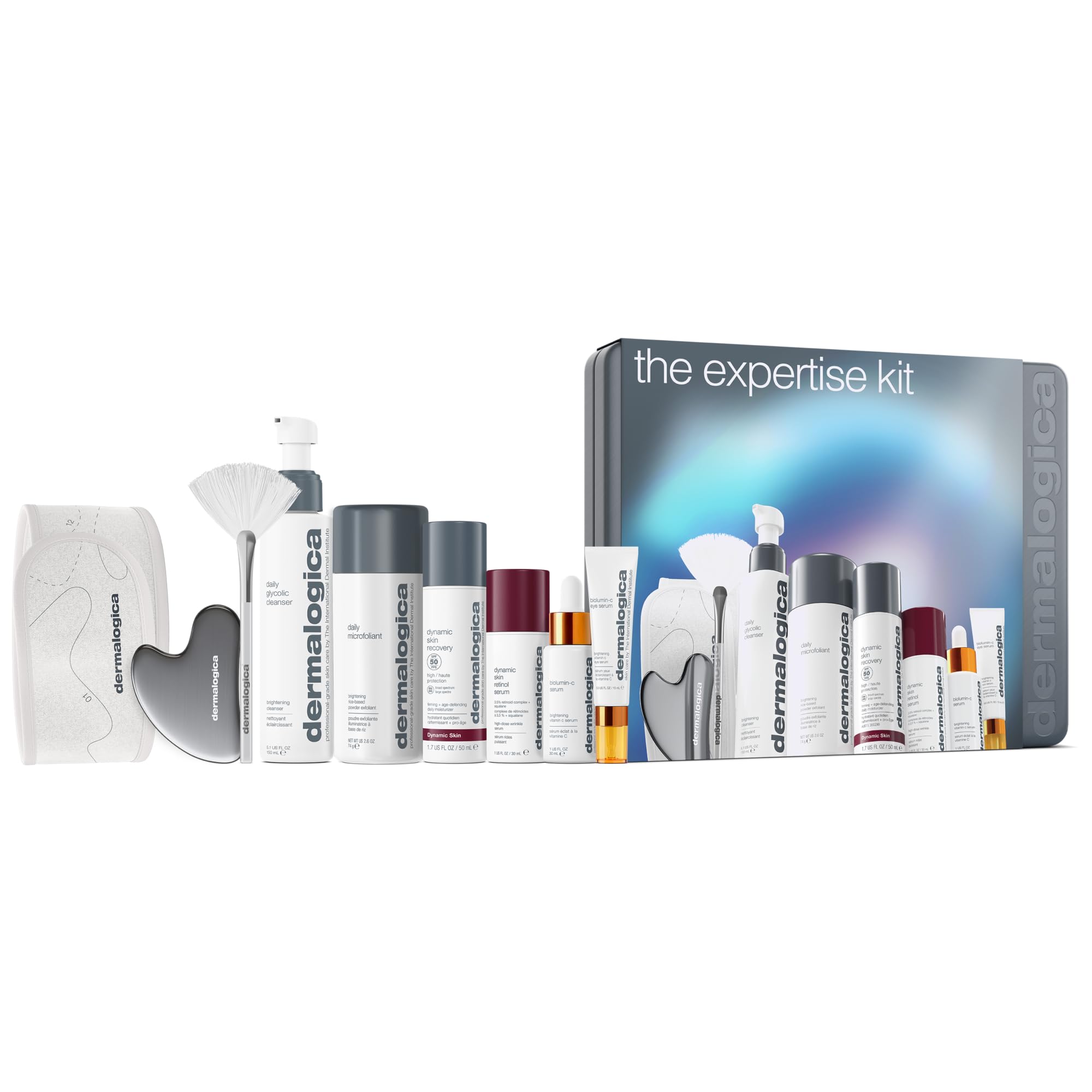 Dermalogica Expertise Kit, Holiday Gift Skincare Set Contains 6 Pieces of Full Size Products with Gua Sha, Fan Brush, and Head Band