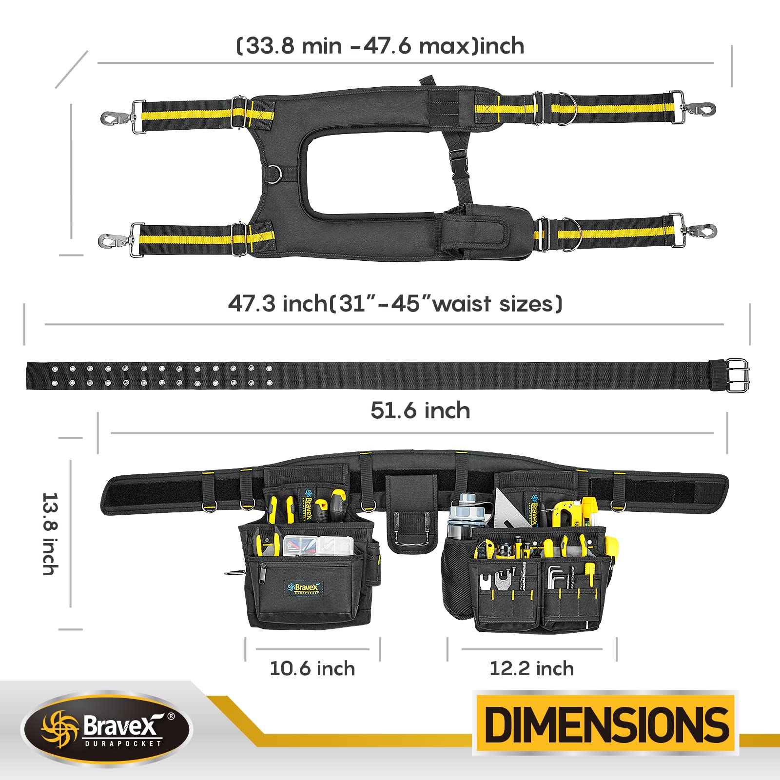 MegaFlint Tool Belt Suspenders Tool Vest Ultra Anti-Wear Tool Belt 20-Pocket Pro Framer's Combo Apron Tool Belt and Yoke-style Suspenders-1200D for Men