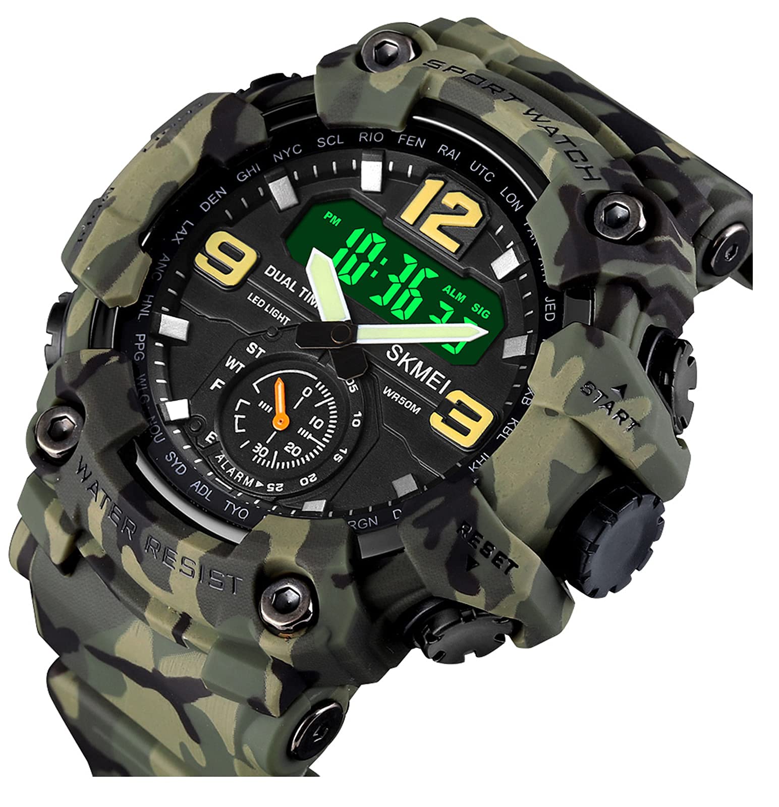 BESTKANG Large Face Digital Sports Wrist Watch for Men Dual Dial Time Outdoor Military Waterproof Watches LED Screen Stopwatch Alarm Wristwatch (Green Camouflage)