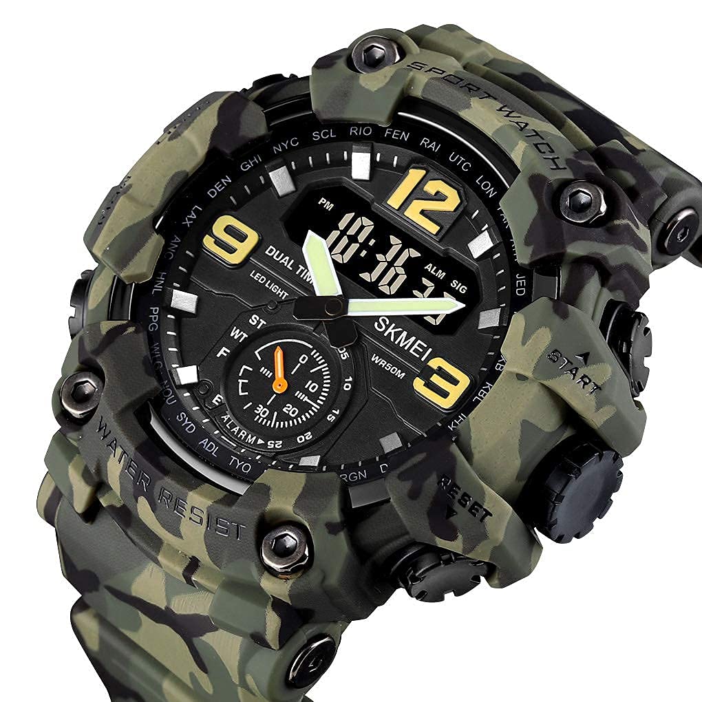 BESTKANG Large Face Digital Sports Wrist Watch for Men Dual Dial Time Outdoor Military Waterproof Watches LED Screen Stopwatch Alarm Wristwatch (Green Camouflage)