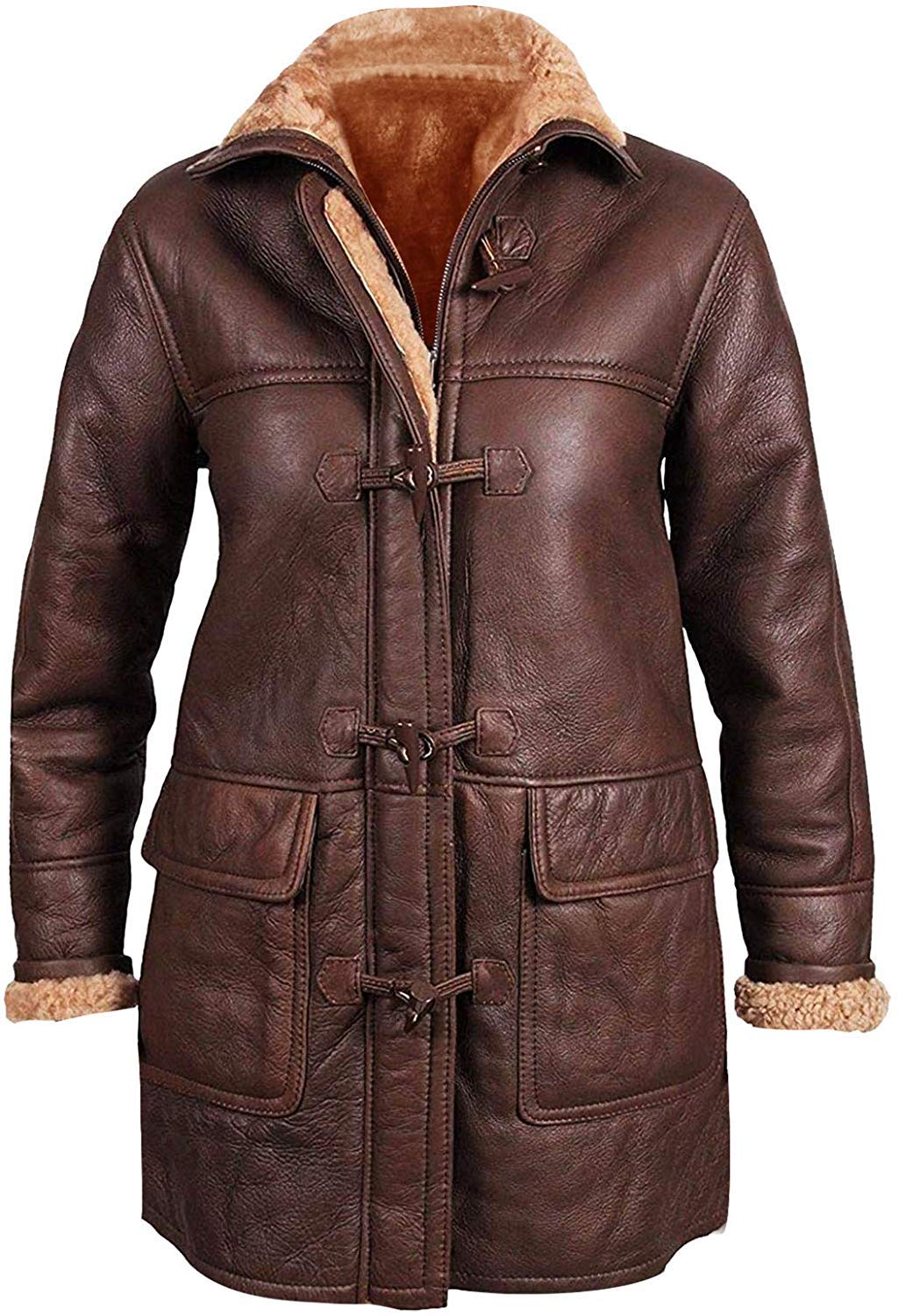 SKY-SELLER Shearling Aviator Jacket Women - Brown Leather Jacket - Mid Length Winter Coats for Women