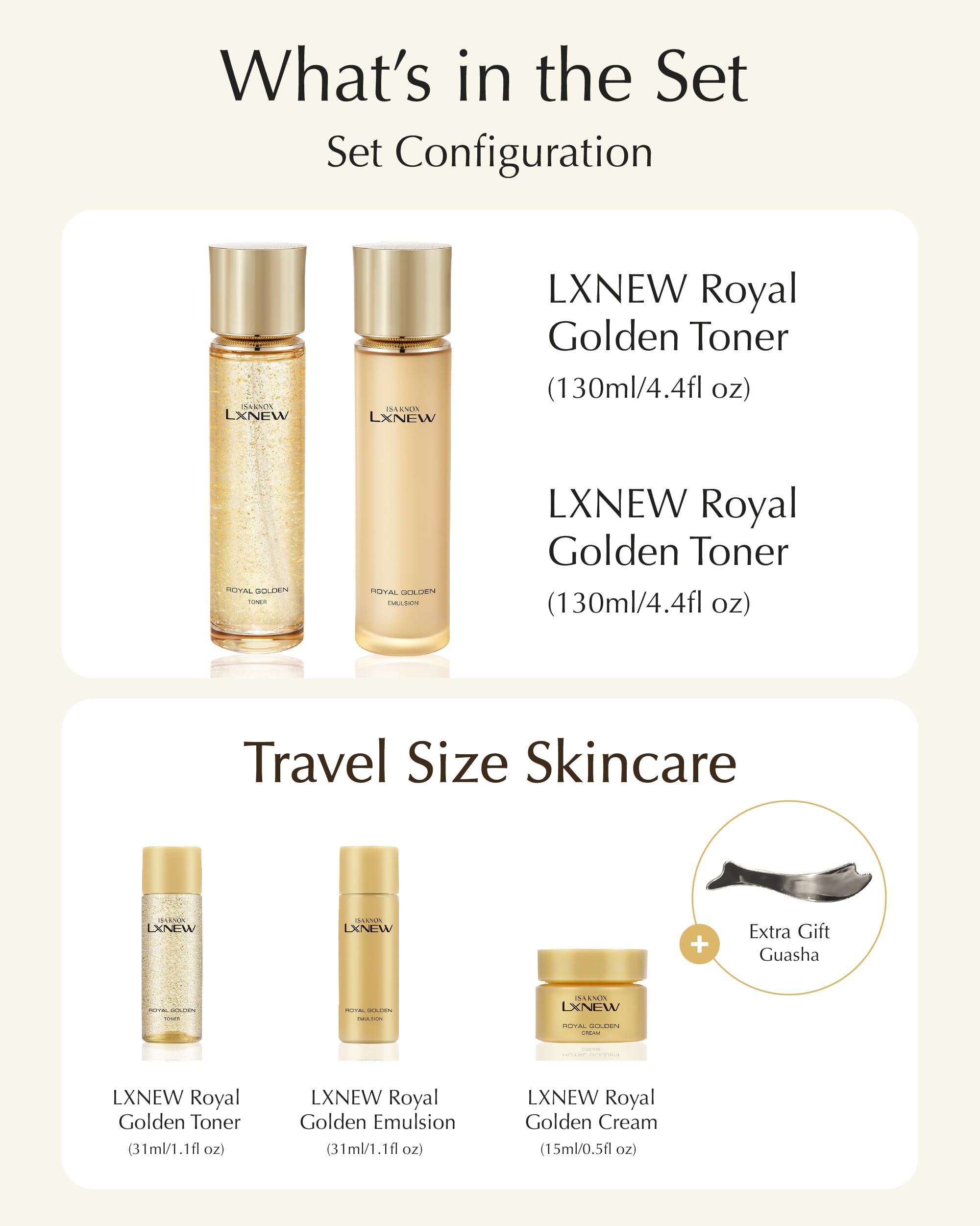 ISA KNOX Royal Golden Skin care Gift Set (11.4fl oz) - Korean Luxury Skin Care for Rejuvenation and Youthful Radiance. Royal Peptides & Jelly, Niacinamide. Guasha