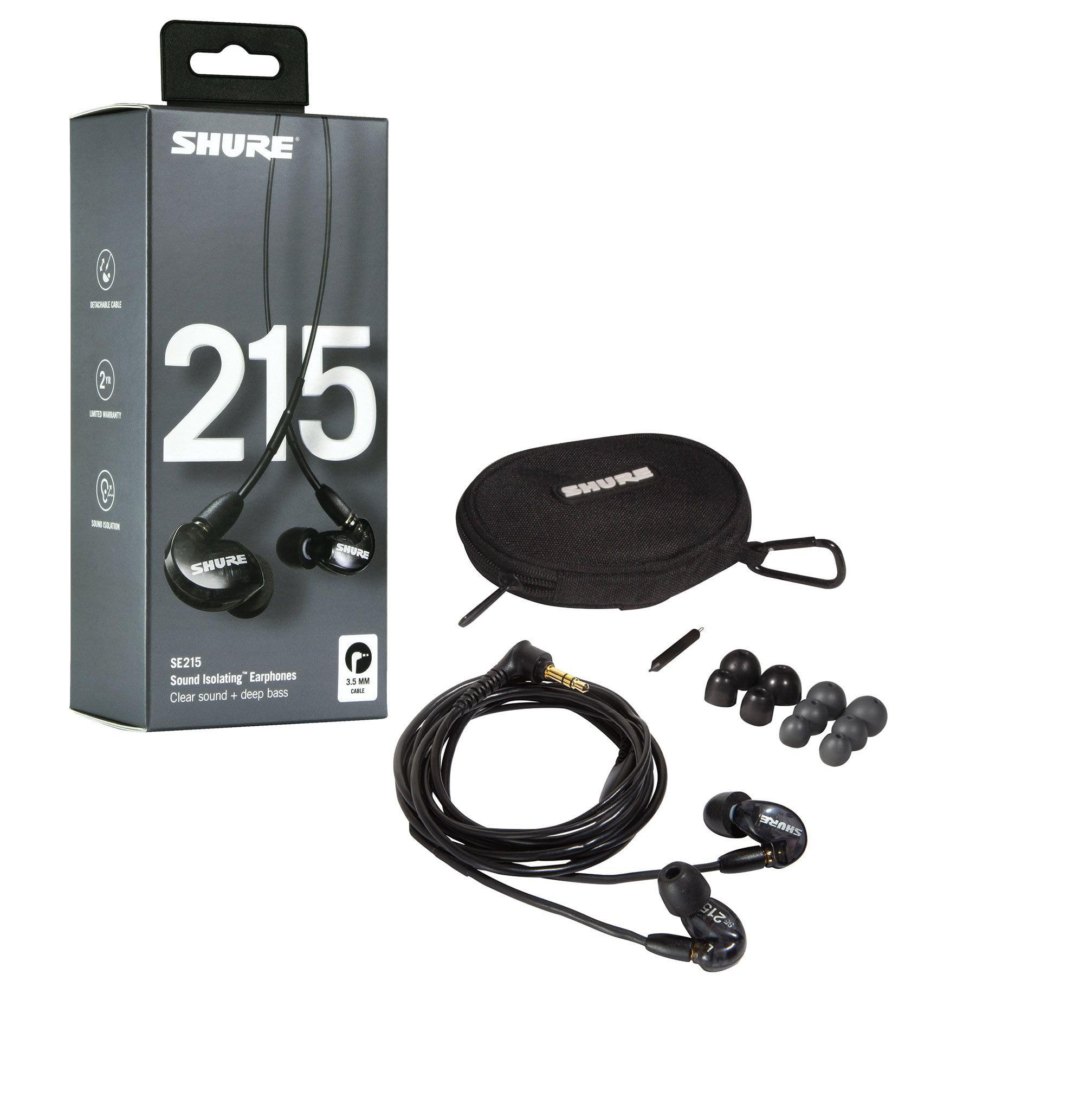 Shure SE215 PRO Wired Earbuds - Professional Sound Isolating Earphones, Clear Sound & Deep Bass, Single Dynamic MicroDriver, Secure Fit in Ear Monitor, Plus Carrying Case & Fit Kit - Black (SE215-K)