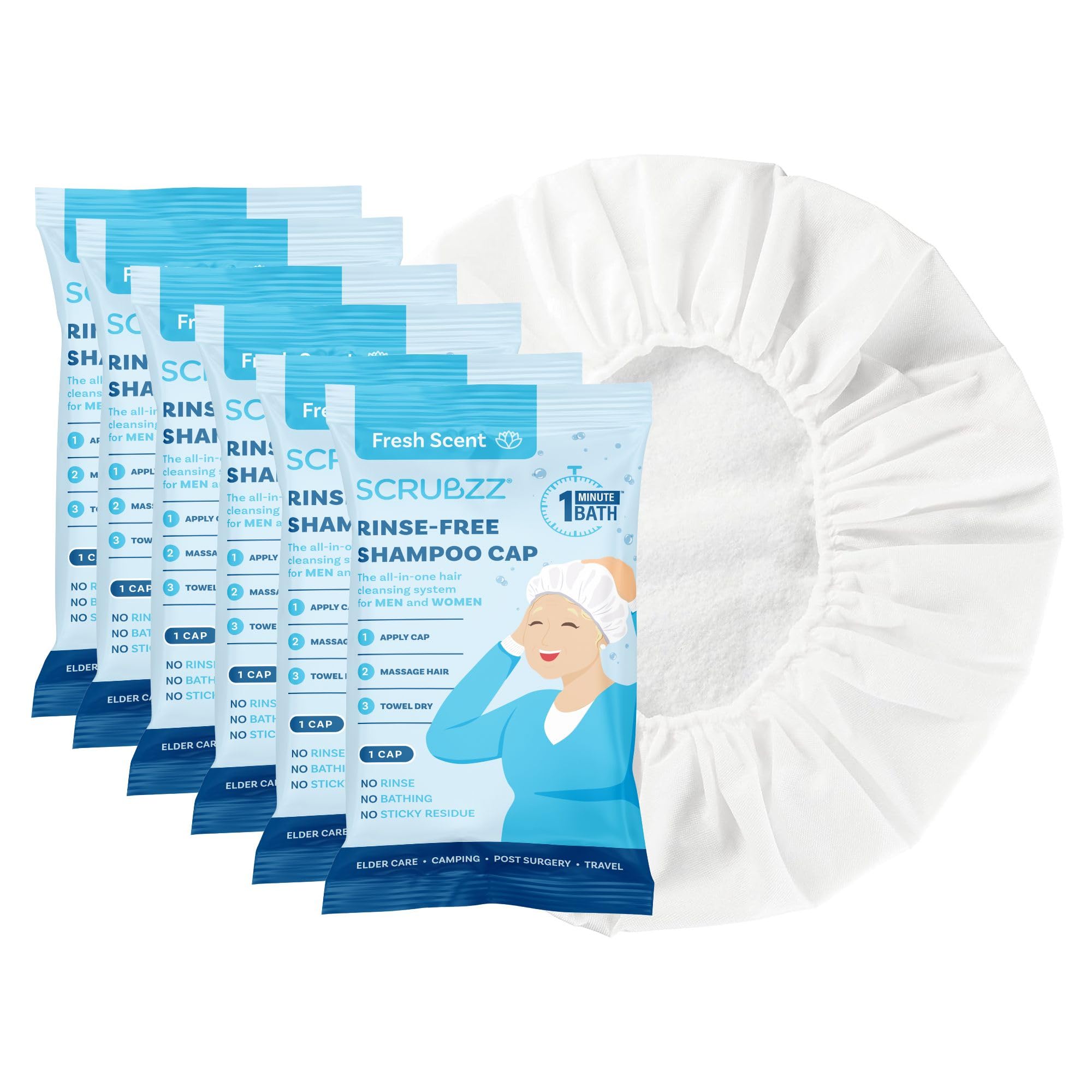 Scrubzz Shampoo Caps No Rinse for Elderly and Bedridden Patients, Rinse Free Shampoo Caps for Post Surgery and Hospital Stays, Waterless Hair Washing Shower Caps - 6 Pack