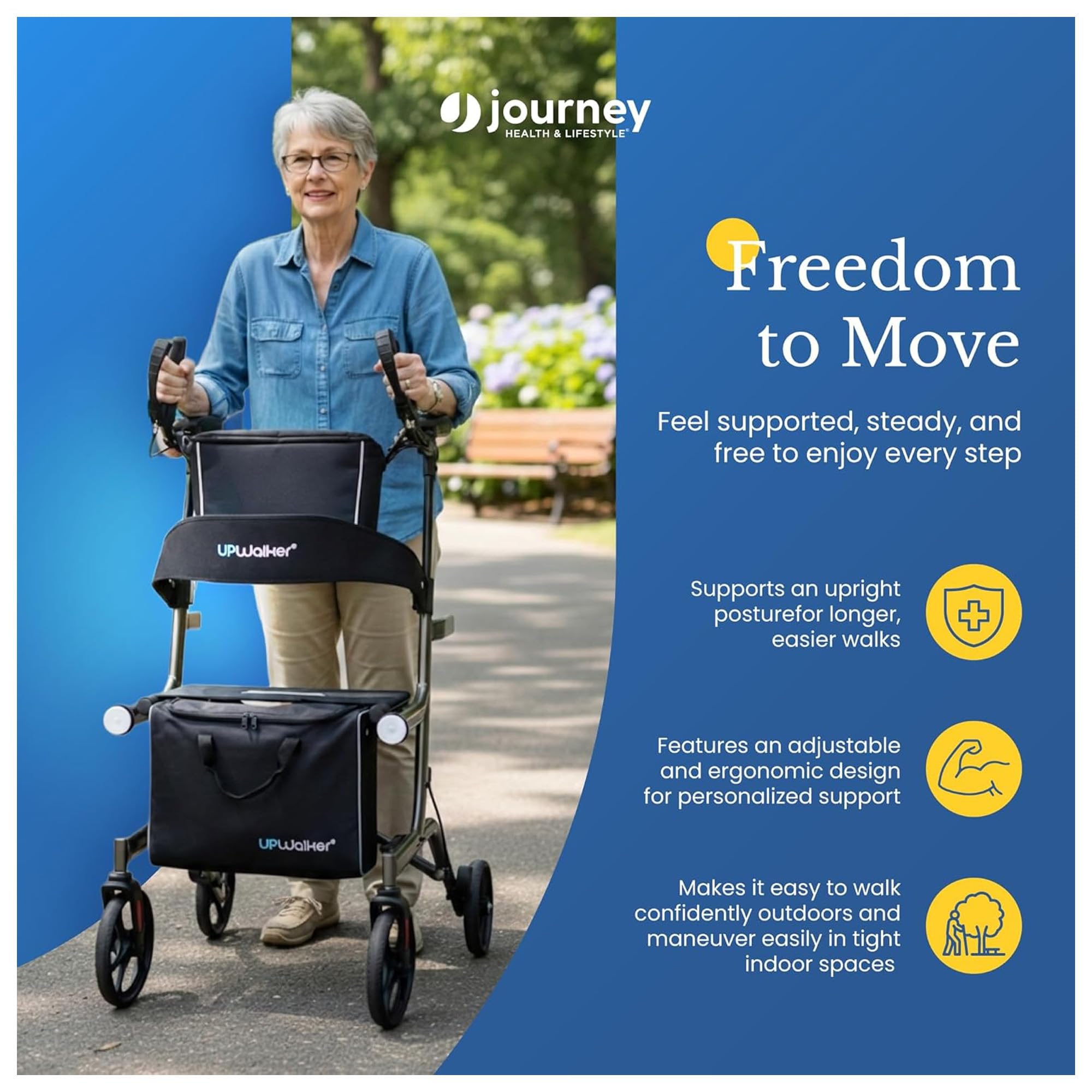 LifeWalker UPWalker EZ Lite Upright Walker for Adults & Seniors – Lightweight Adjustable Upright Rollator with Seat, Hand Brakes & Accessories