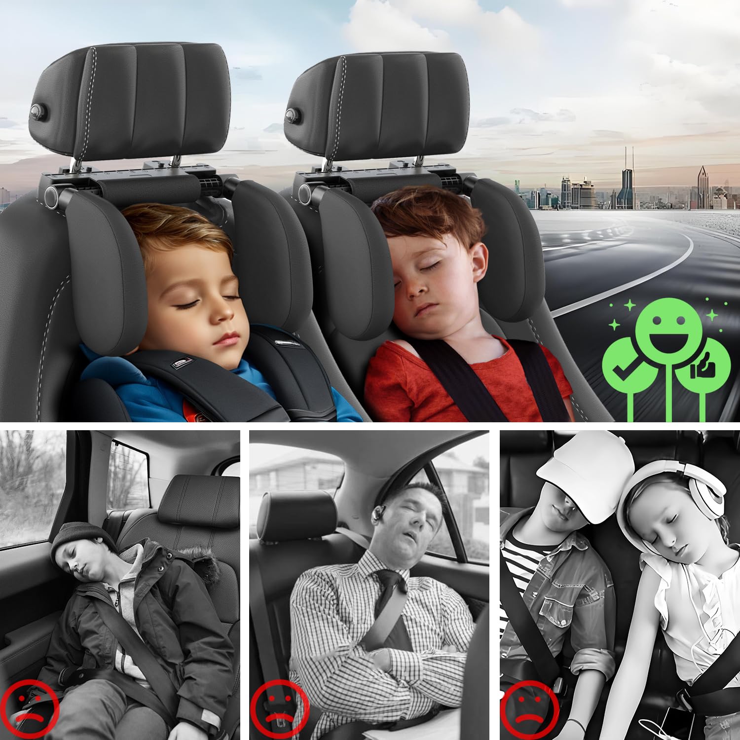 Car Headrest Pillow, Thickened Memory Foam Road Pal Headrest, Neck Support Pillow, 180° Adjustable Car Headrest, U- Shaped Design, Travel Car Sleeping,Suitable for Kids and Adults (Black)