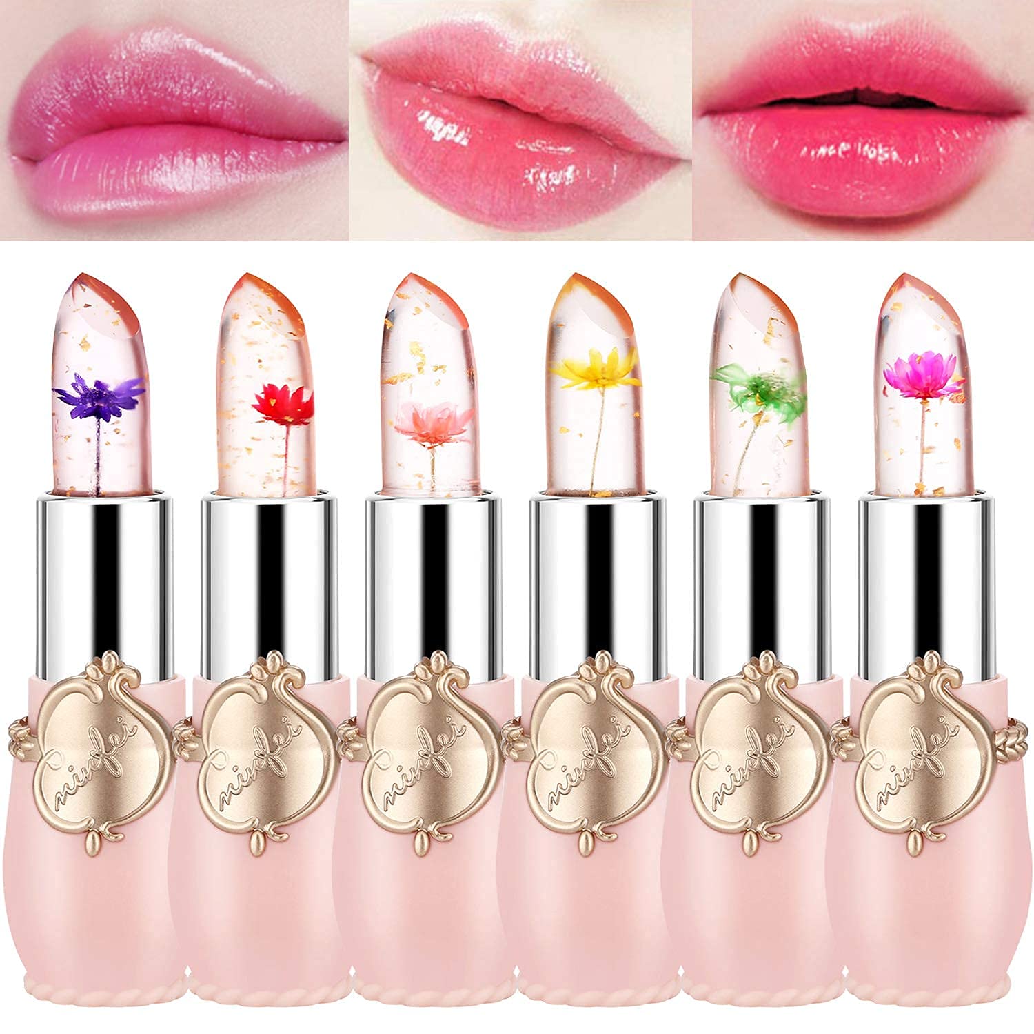 firstfly Pack of 6 Crystal Flower Jelly Lipstick, Long Lasting Nutritious Lip Balm Lips Moisturizer Magic Temperature Color Change Lip Gloss (Pink)