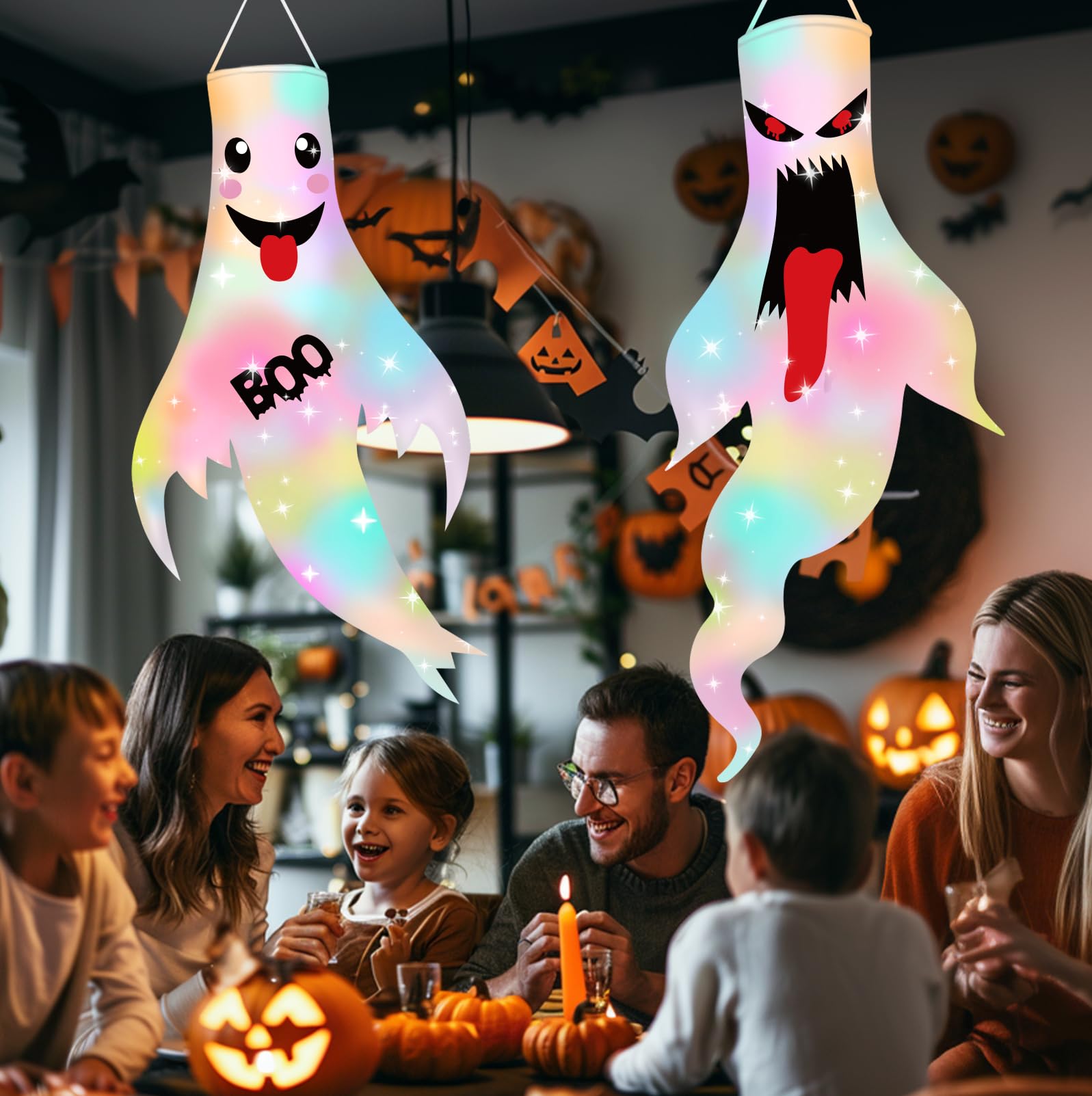 2Pcs 47" Halloween Ghost Windsocks Decorations with LED Light Outdoor Halloween Decorations Hanging Ghost Windsocks Décor for Halloween