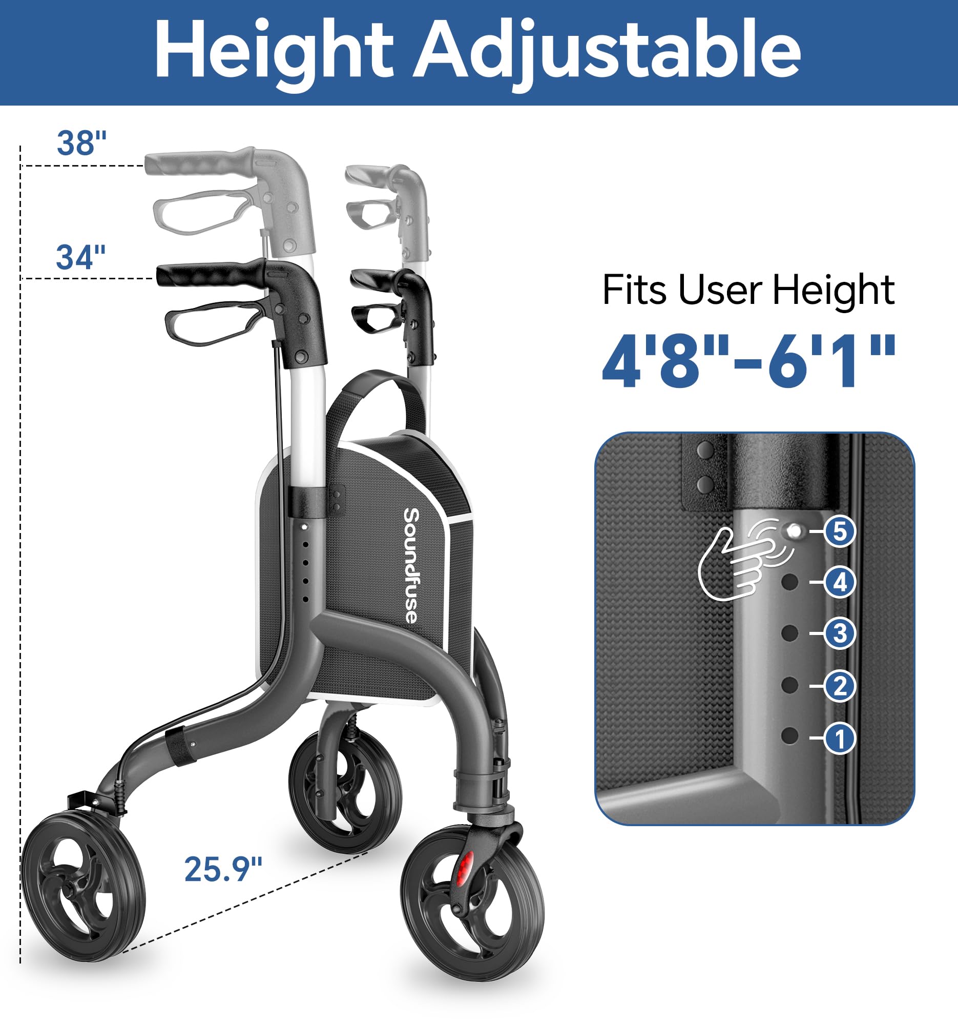 SOUNDFUSE 3 Wheel Walkers for Seniors, Lightweight Foldable Aluminum Rollator Walker, Height Adjustable Three Wheel Walker, Black