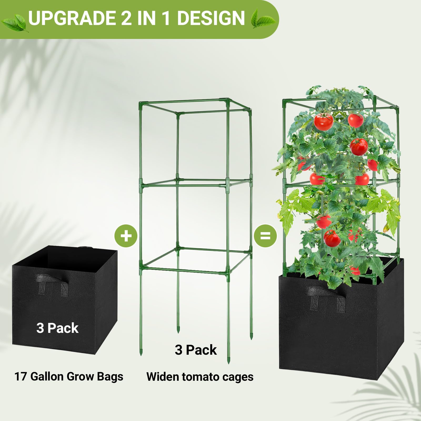 MQHUAYU 3 Pack Tomato Cages with 17 Gallon Grow Bags, 47” Heavy Duty Square Tomato Plant Stakes Support Cages Trellis for Garden Climbing Vegetables Flowers Fruits (47IN Tall, Extra-Bold)