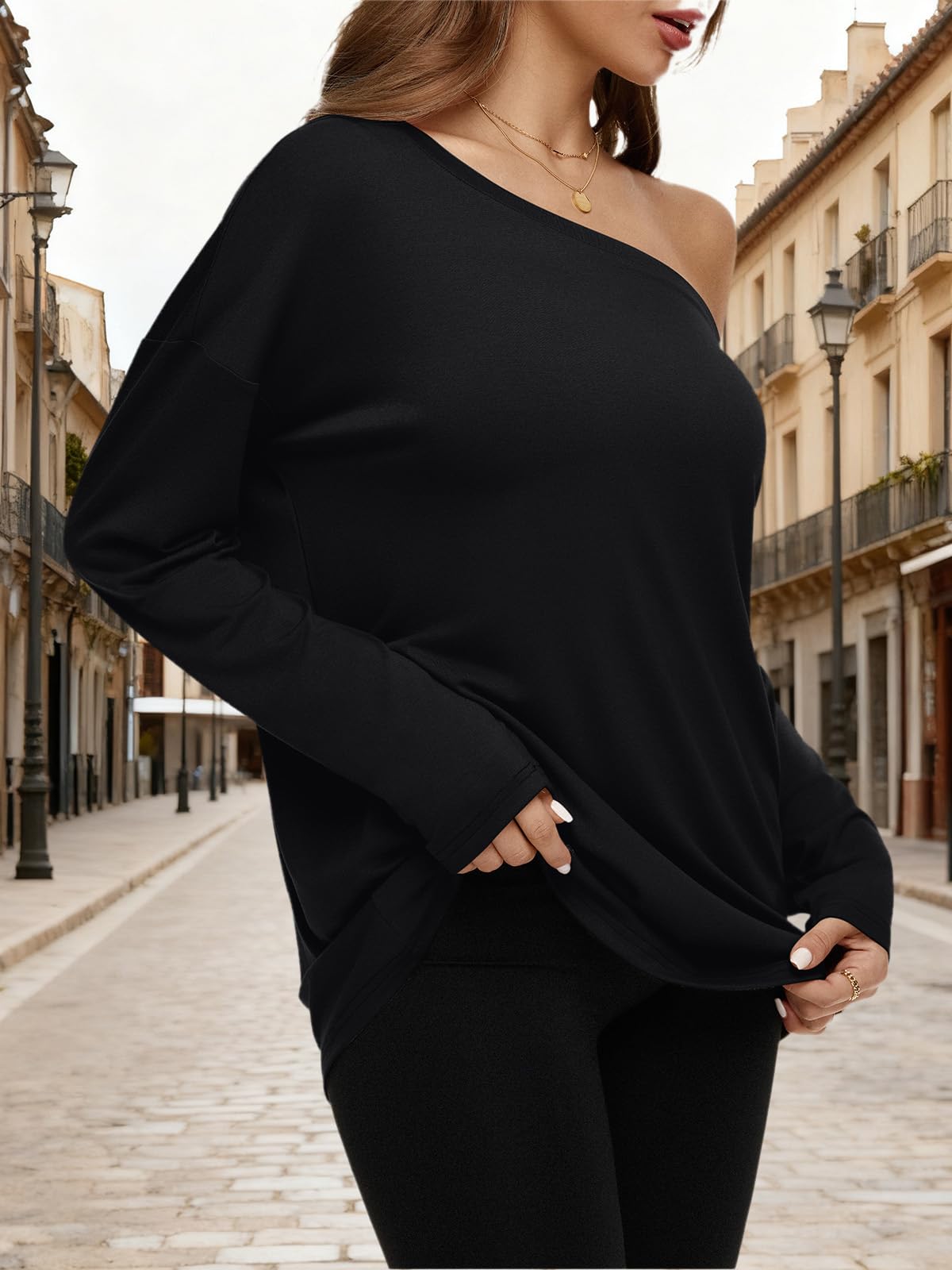REORIA Womens Oversized Long Sleeve T Shirts One Shoulder Neck Fall Tee Tops Casual Y2K Outfits 2025 Clothes(Black XX-Large)